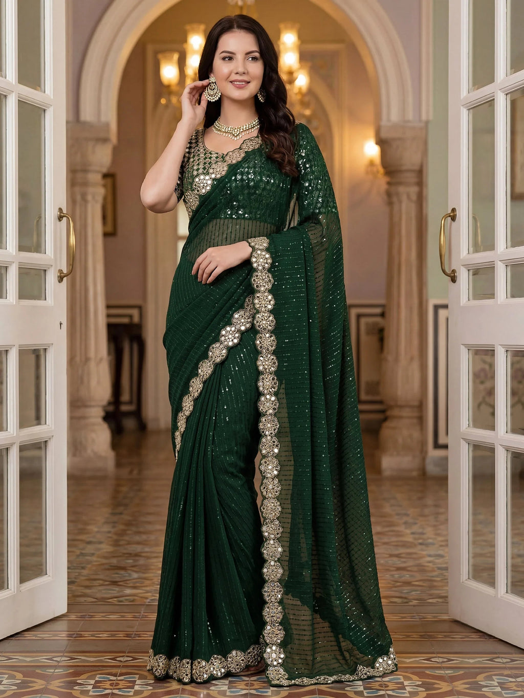 Green Sparkling Real Mirror Border Georgette Bridal Saree With Blouse