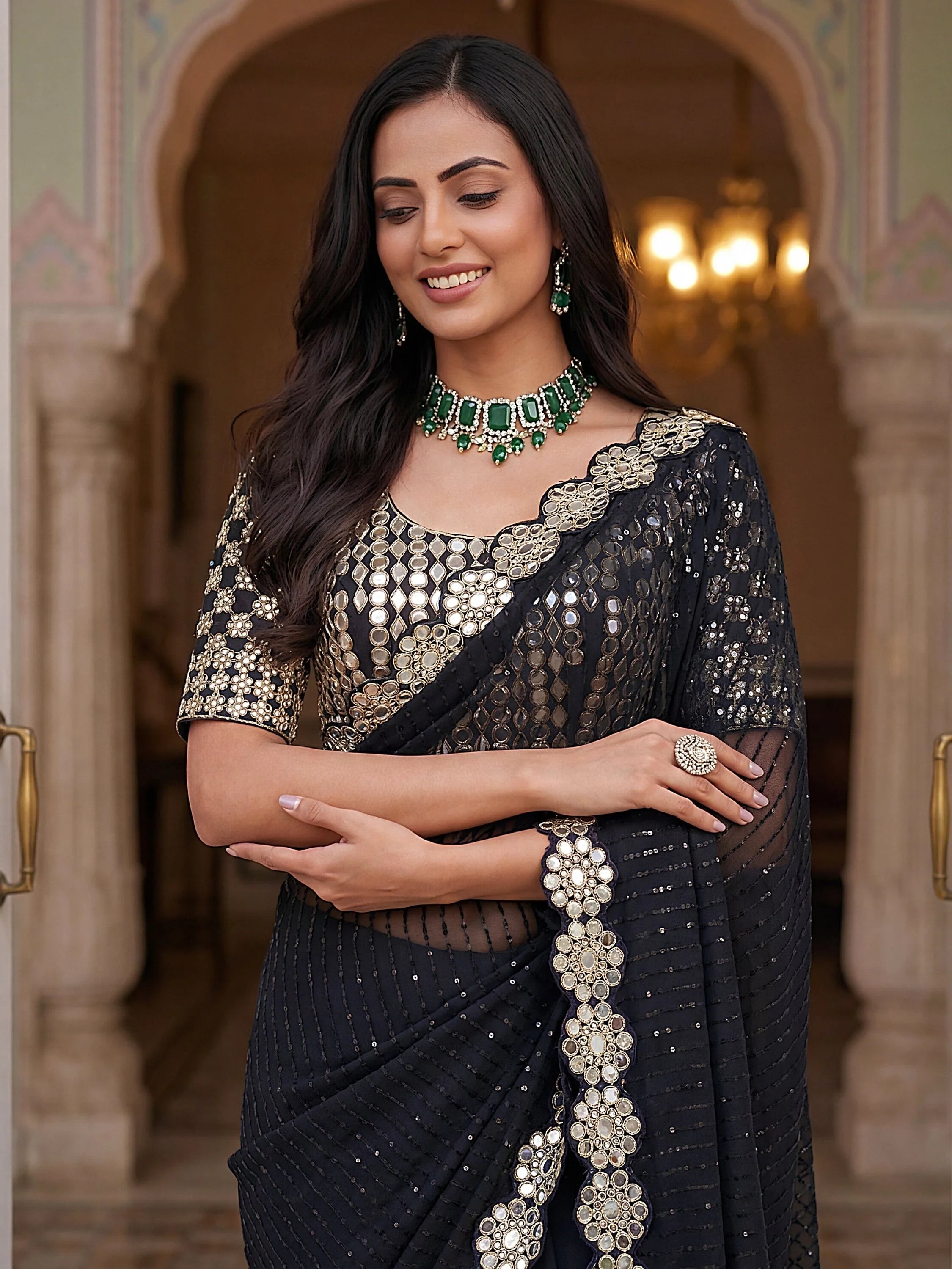 Black Sparkling Real Mirror Border Georgette Bridal Saree With Blouse