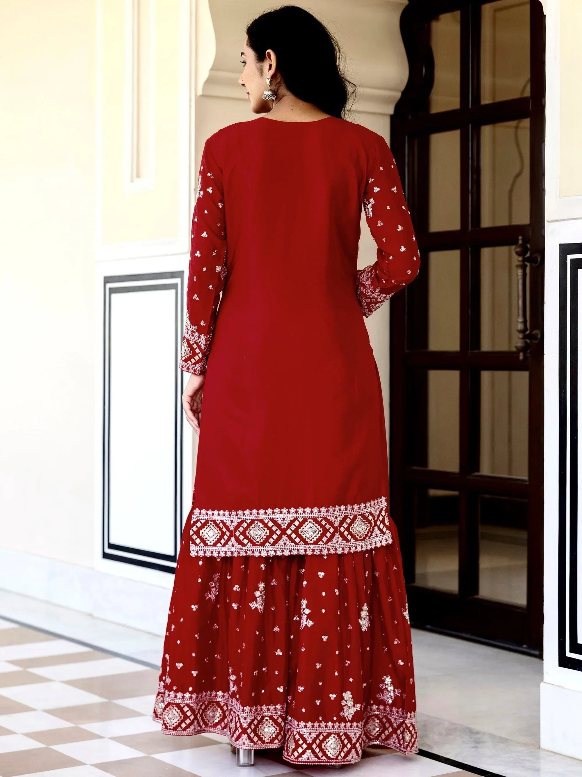 Red Graceful Embroidered Chinon Silk Festive Wear Gharara Suit