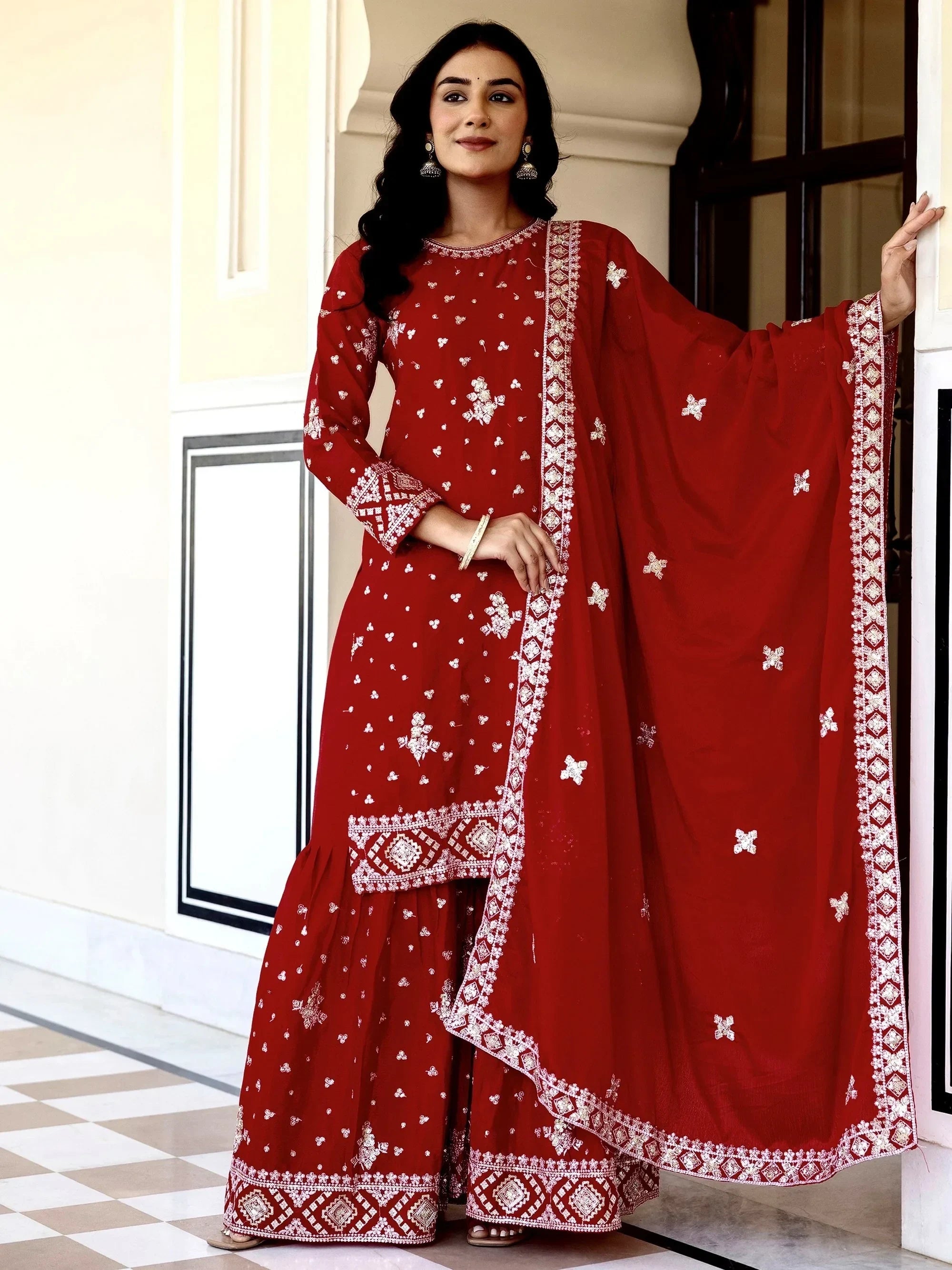 Red Graceful Embroidered Chinon Silk Festive Wear Gharara Suit
