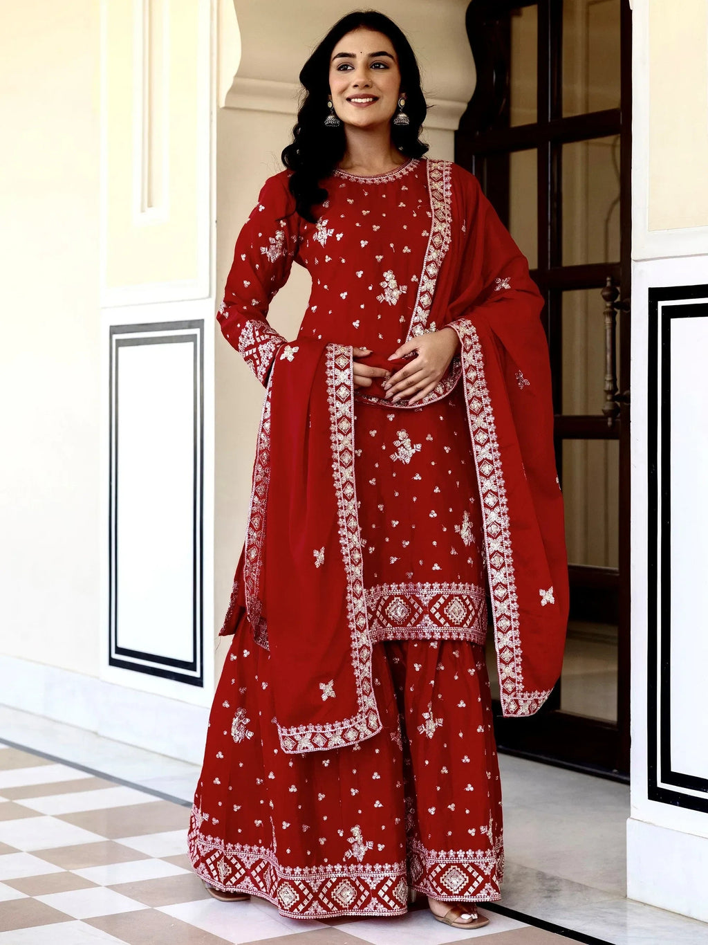 Red Graceful Embroidered Chinon Silk Festive Wear Gharara Suit