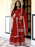 Red Graceful Embroidered Chinon Silk Festive Wear Gharara Suit