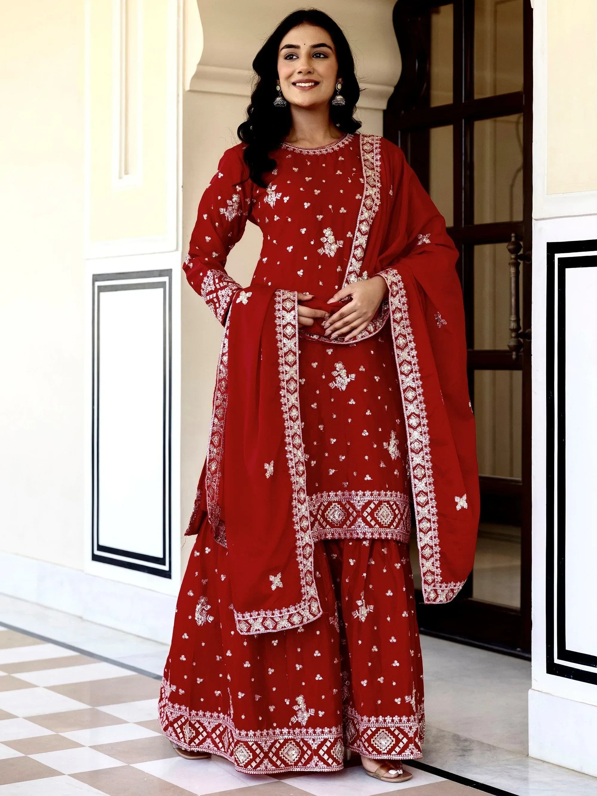 Red Graceful Embroidered Chinon Silk Festive Wear Gharara Suit