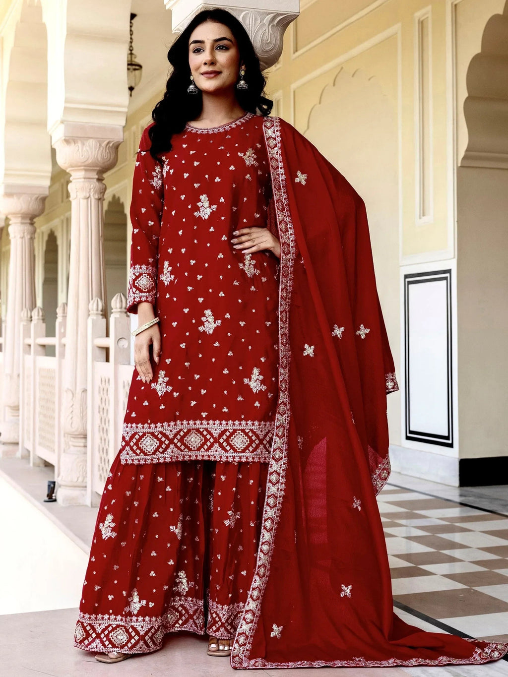 Red Graceful Embroidered Chinon Silk Festive Wear Gharara Suit