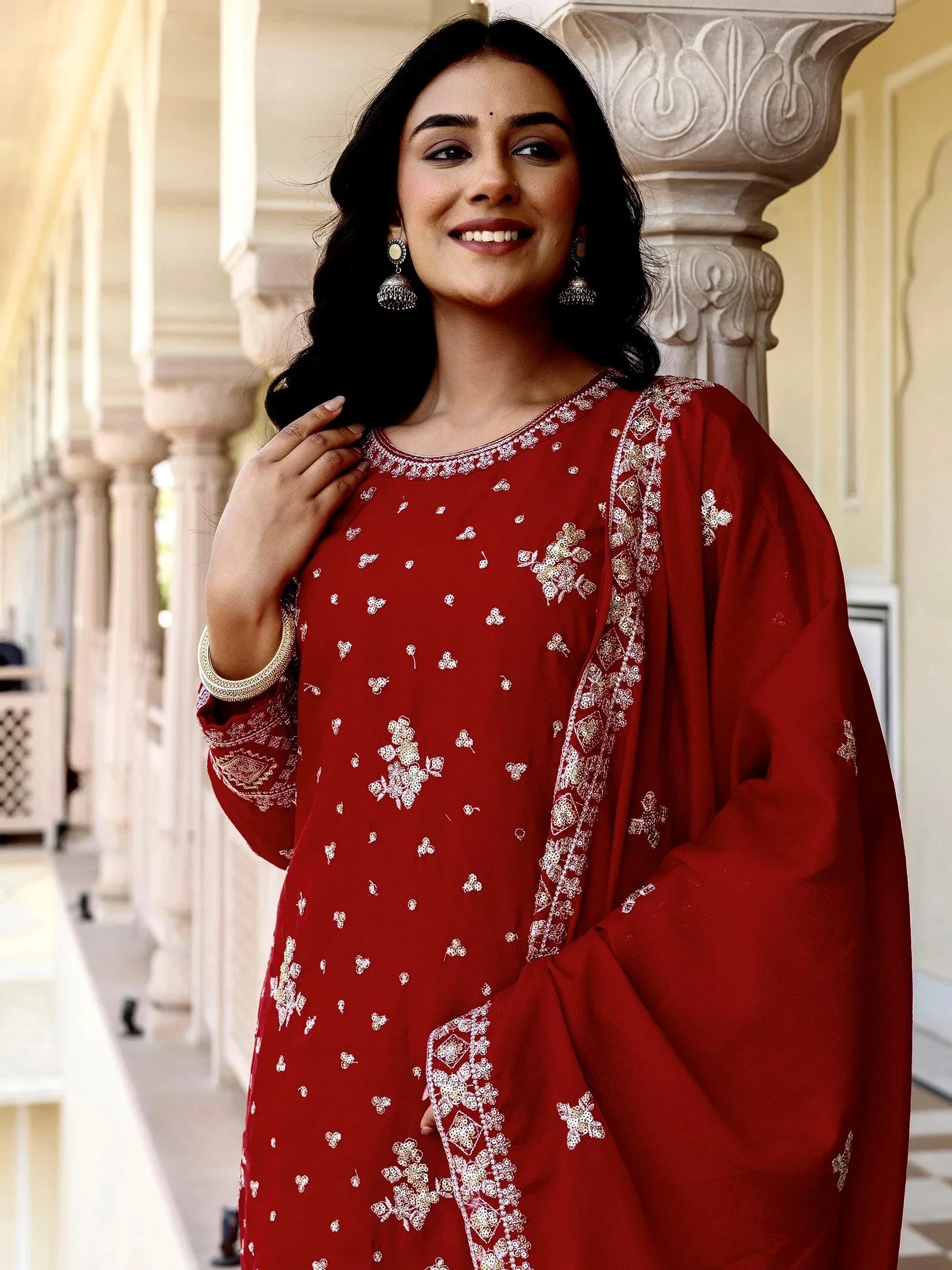 Red Graceful Embroidered Chinon Silk Festive Wear Gharara Suit