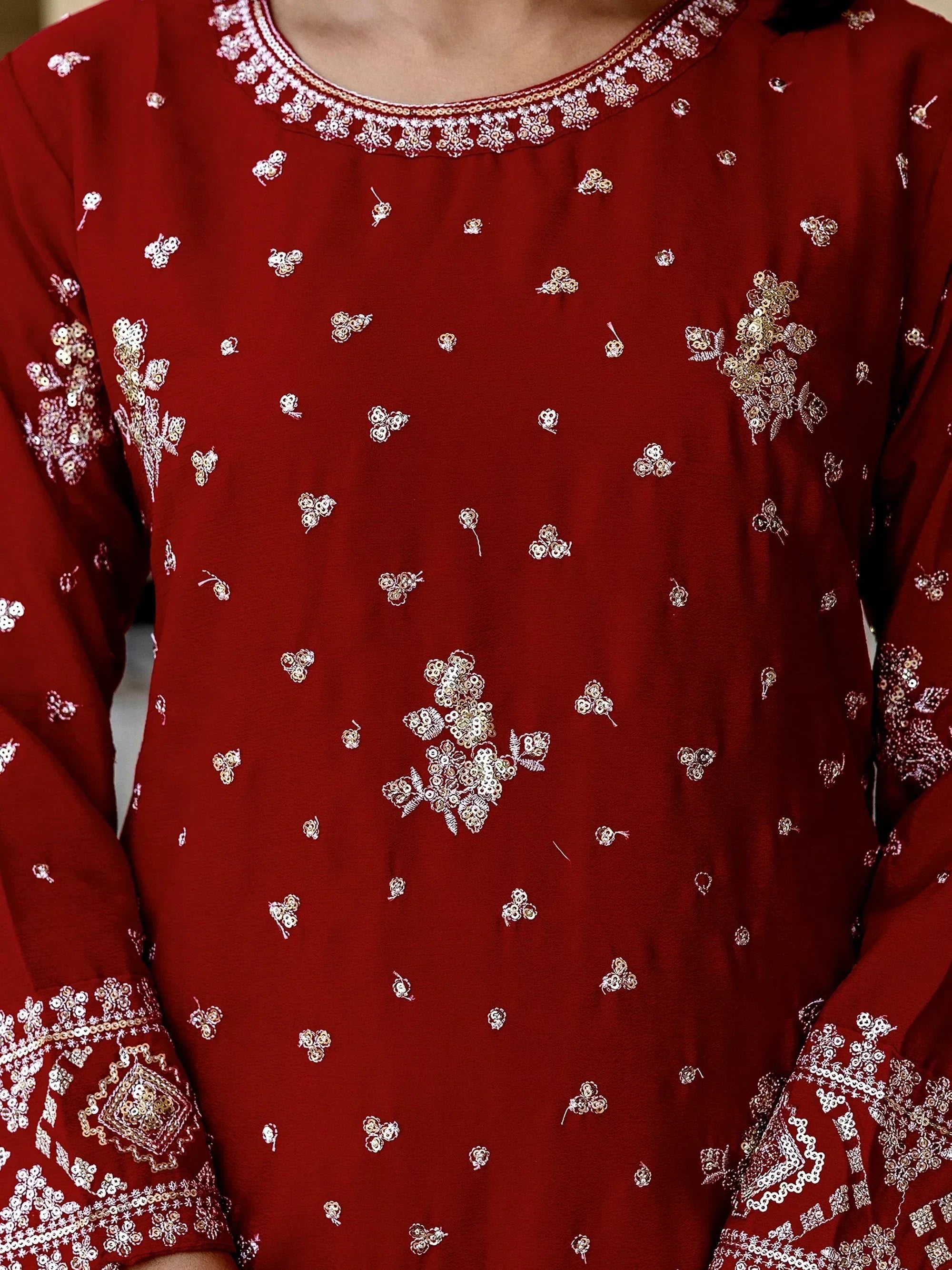 Red Graceful Embroidered Chinon Silk Festive Wear Gharara Suit
