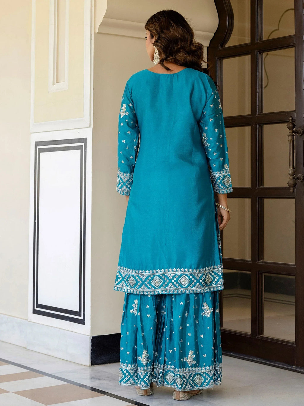 Blue Graceful Embroidered Chinon Silk Festive Wear Gharara Suit