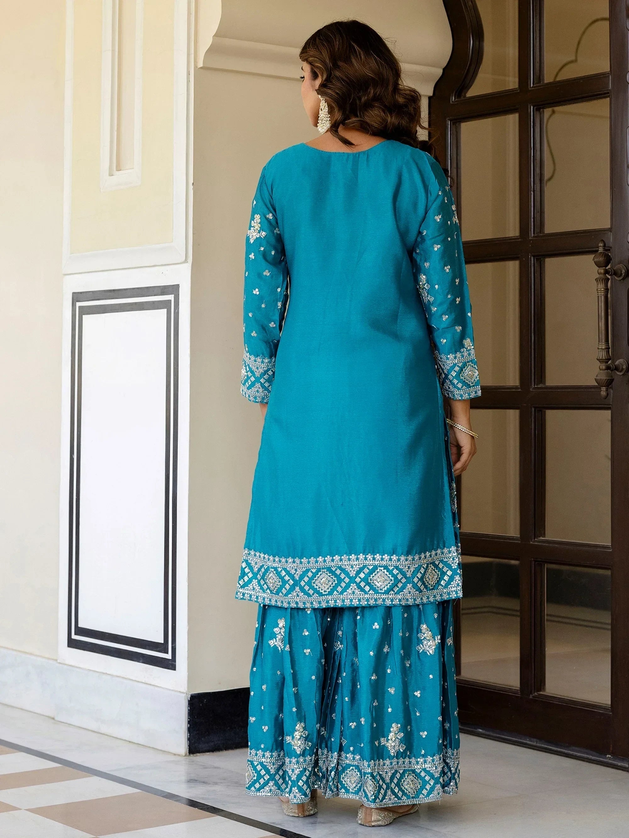 Blue Graceful Embroidered Chinon Silk Festive Wear Gharara Suit