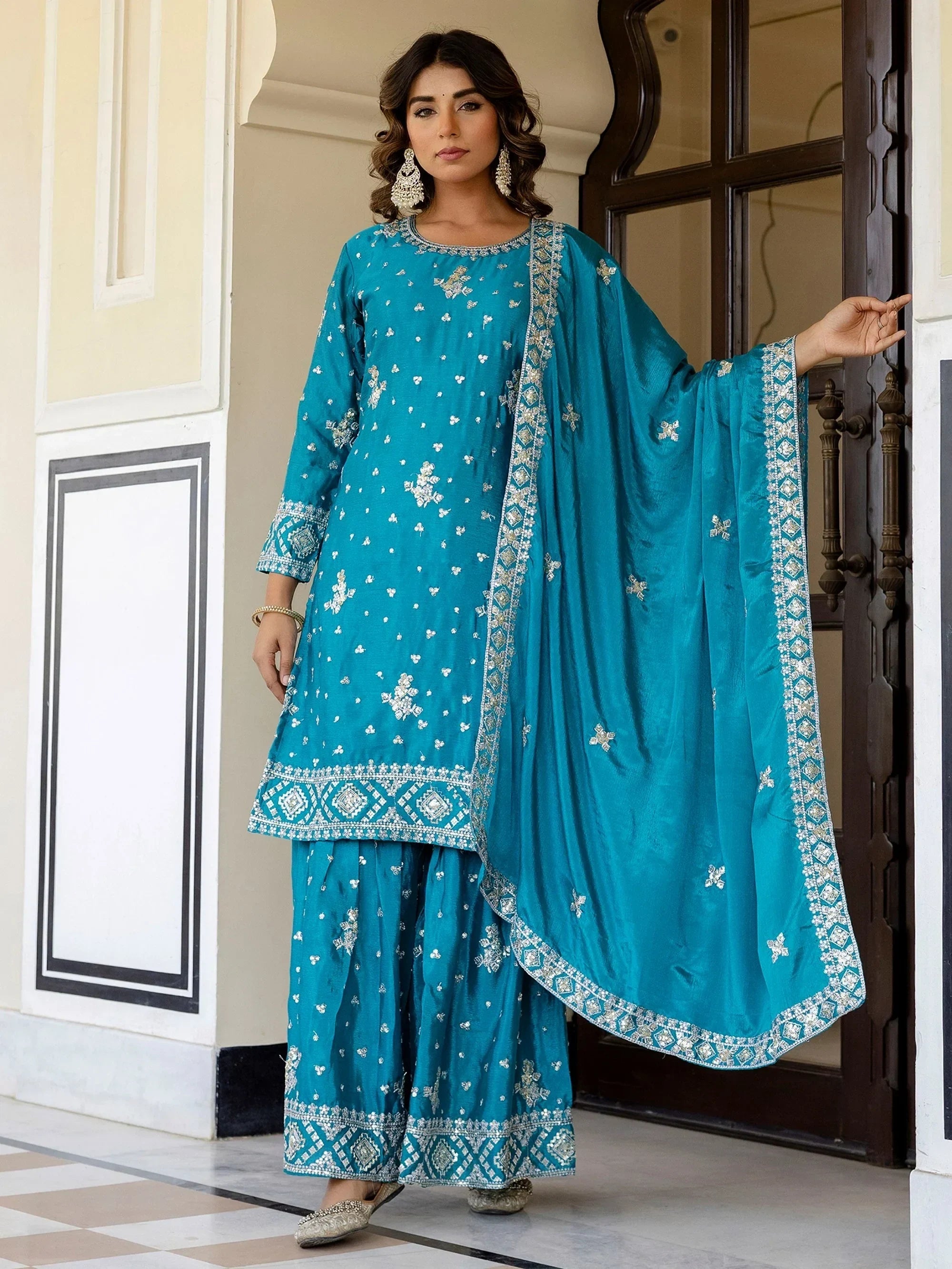 Blue Graceful Embroidered Chinon Silk Festive Wear Gharara Suit