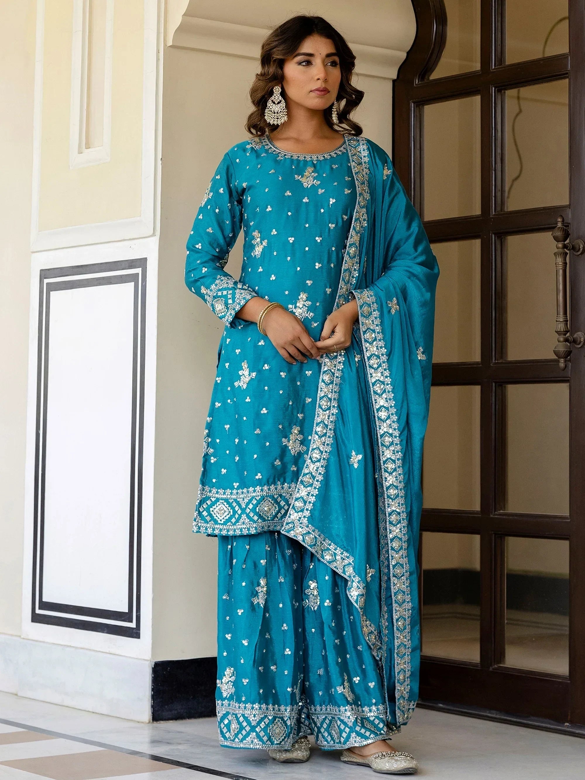 Blue Graceful Embroidered Chinon Silk Festive Wear Gharara Suit