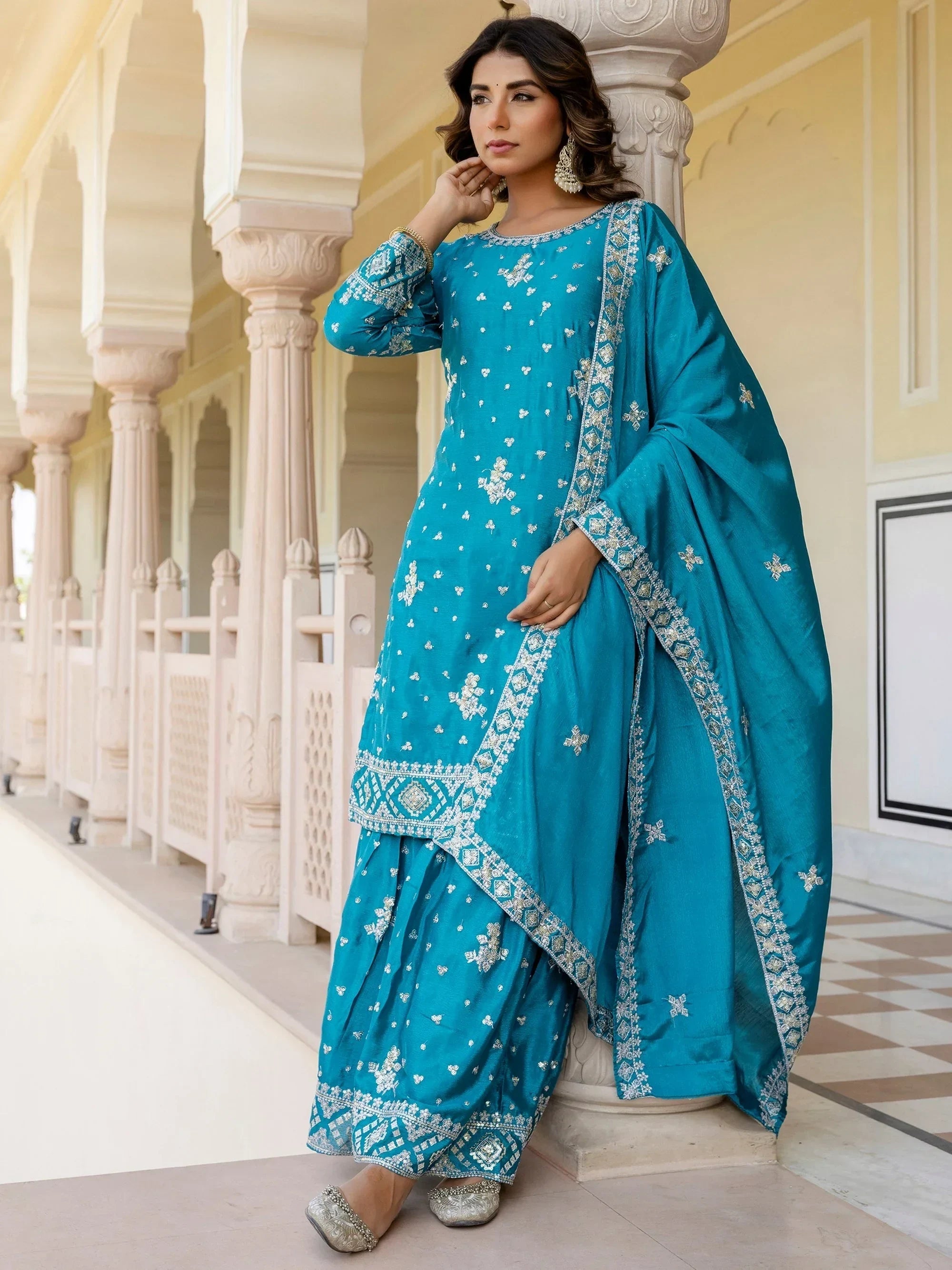 Blue Graceful Embroidered Chinon Silk Festive Wear Gharara Suit