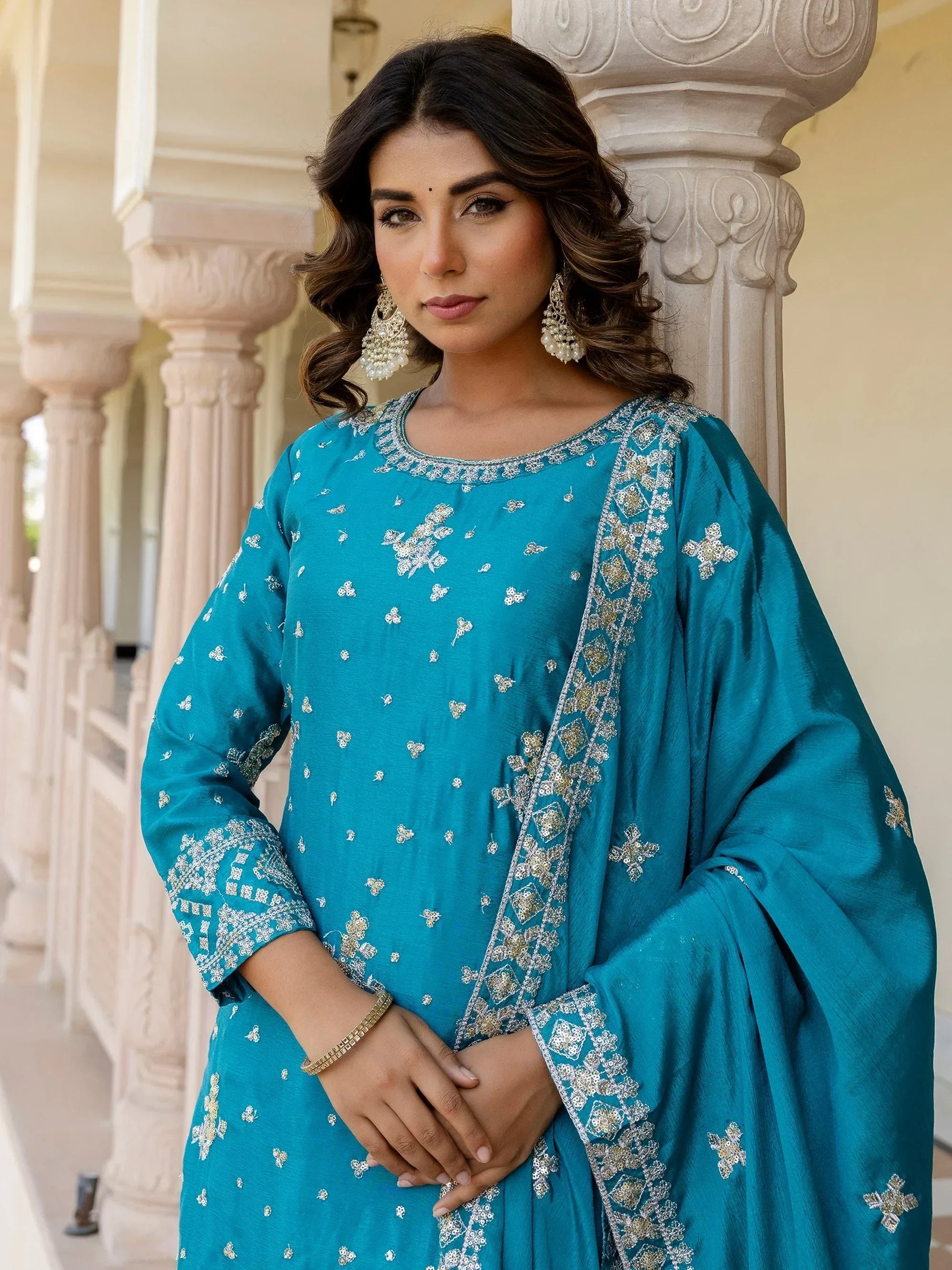 Blue Graceful Embroidered Chinon Silk Festive Wear Gharara Suit
