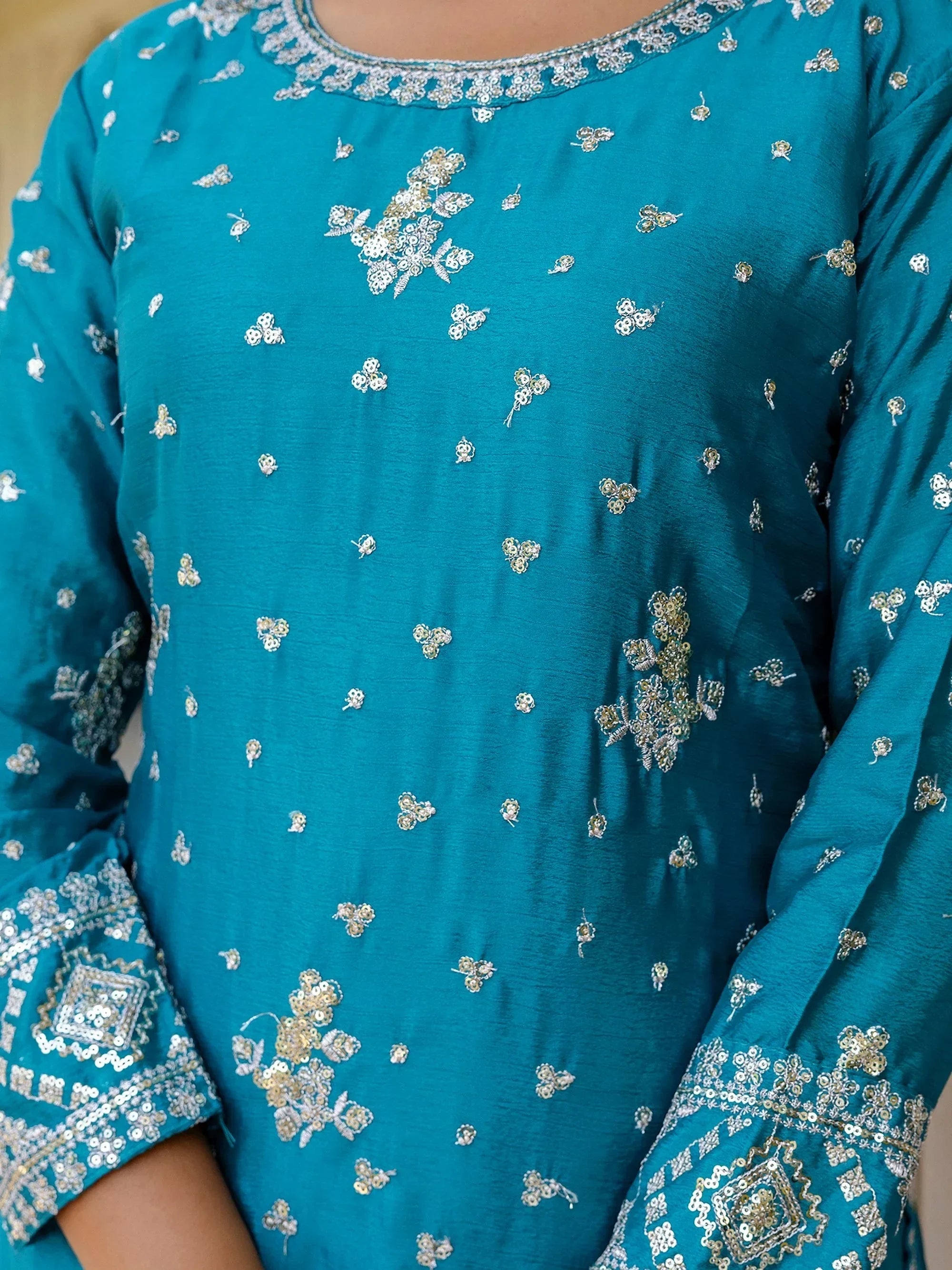 Blue Graceful Embroidered Chinon Silk Festive Wear Gharara Suit