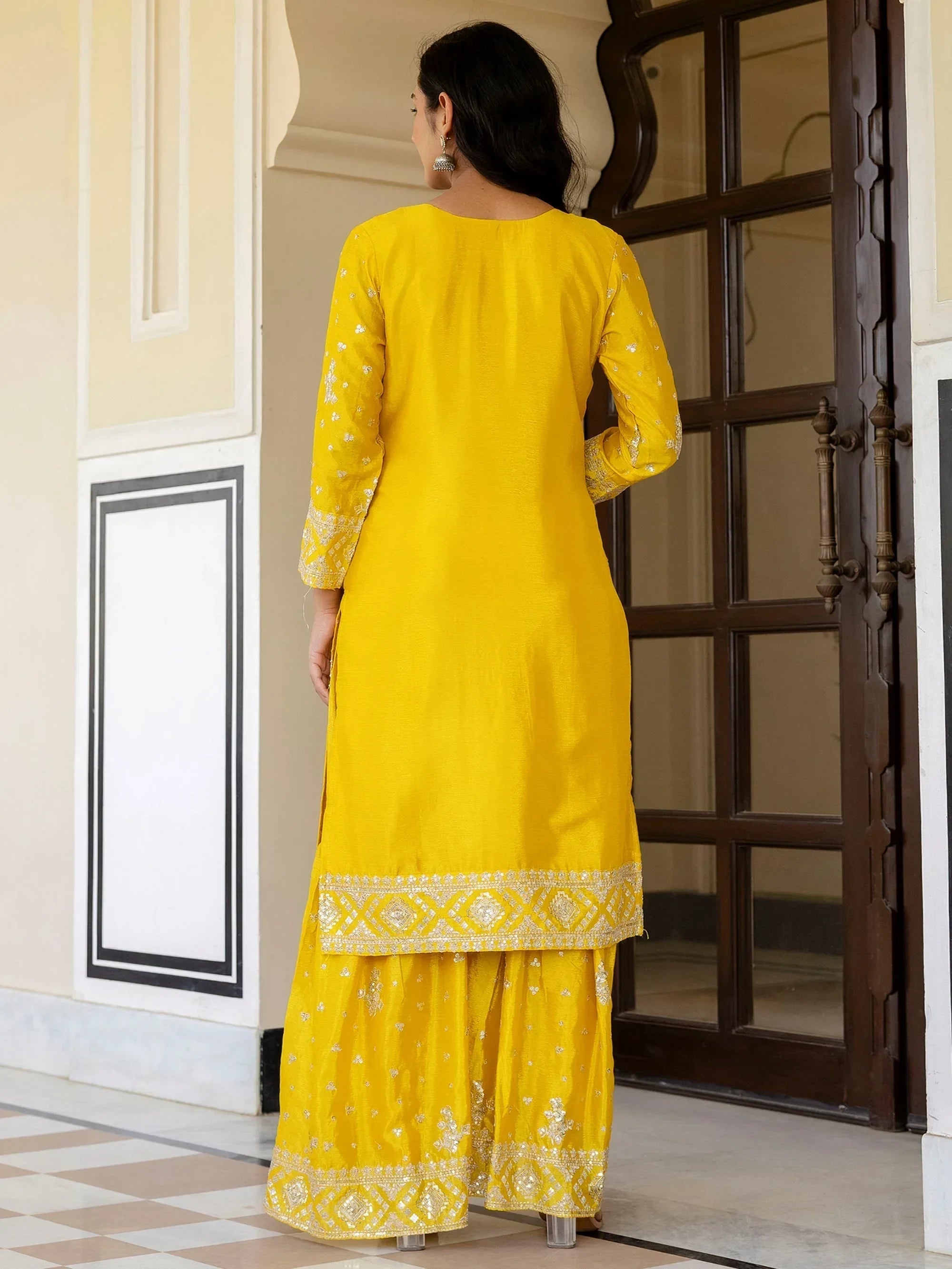 Yellow Graceful Embroidered Chinon Silk Festive Wear Gharara Suit