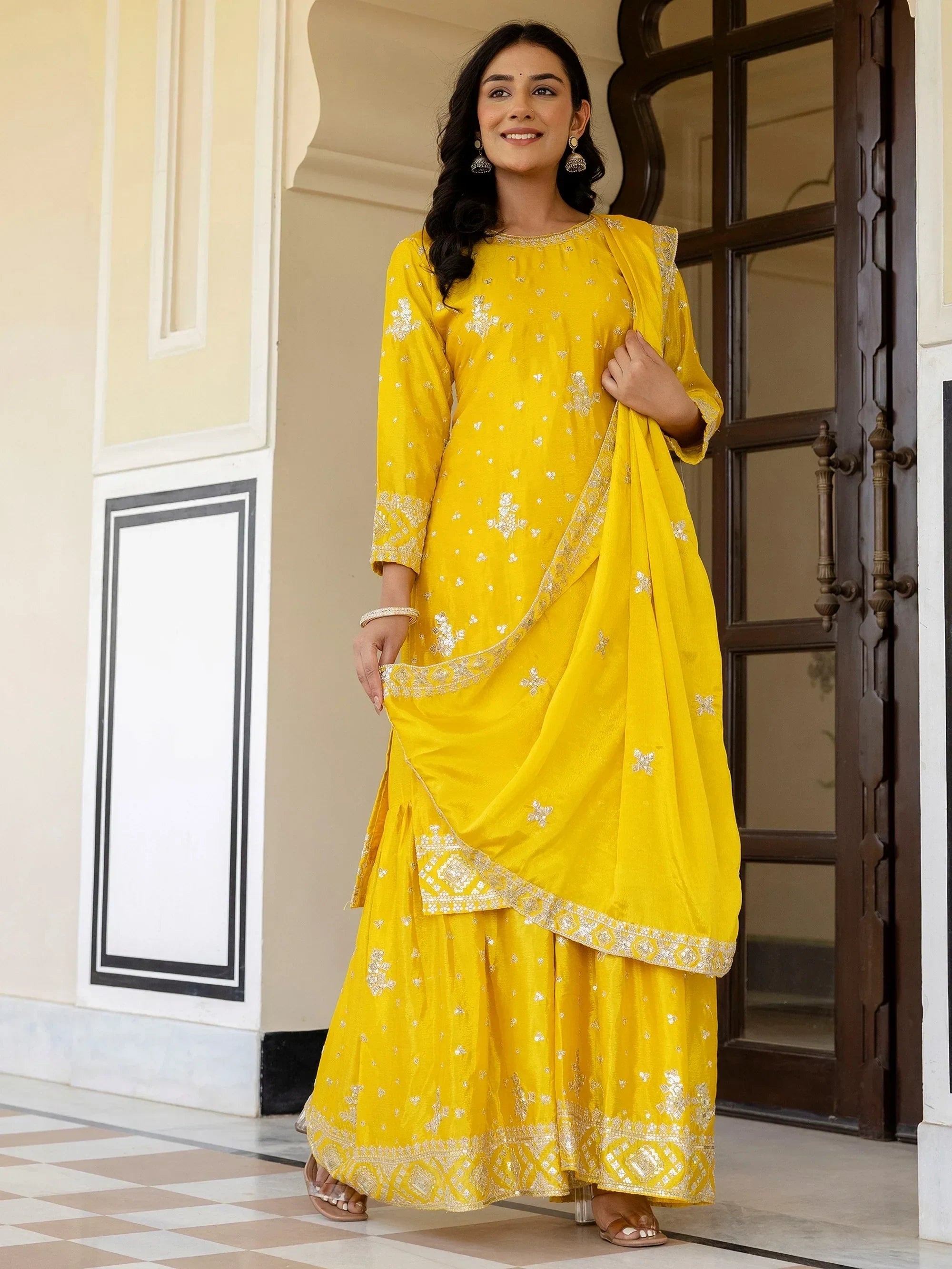 Yellow Graceful Embroidered Chinon Silk Festive Wear Gharara Suit
