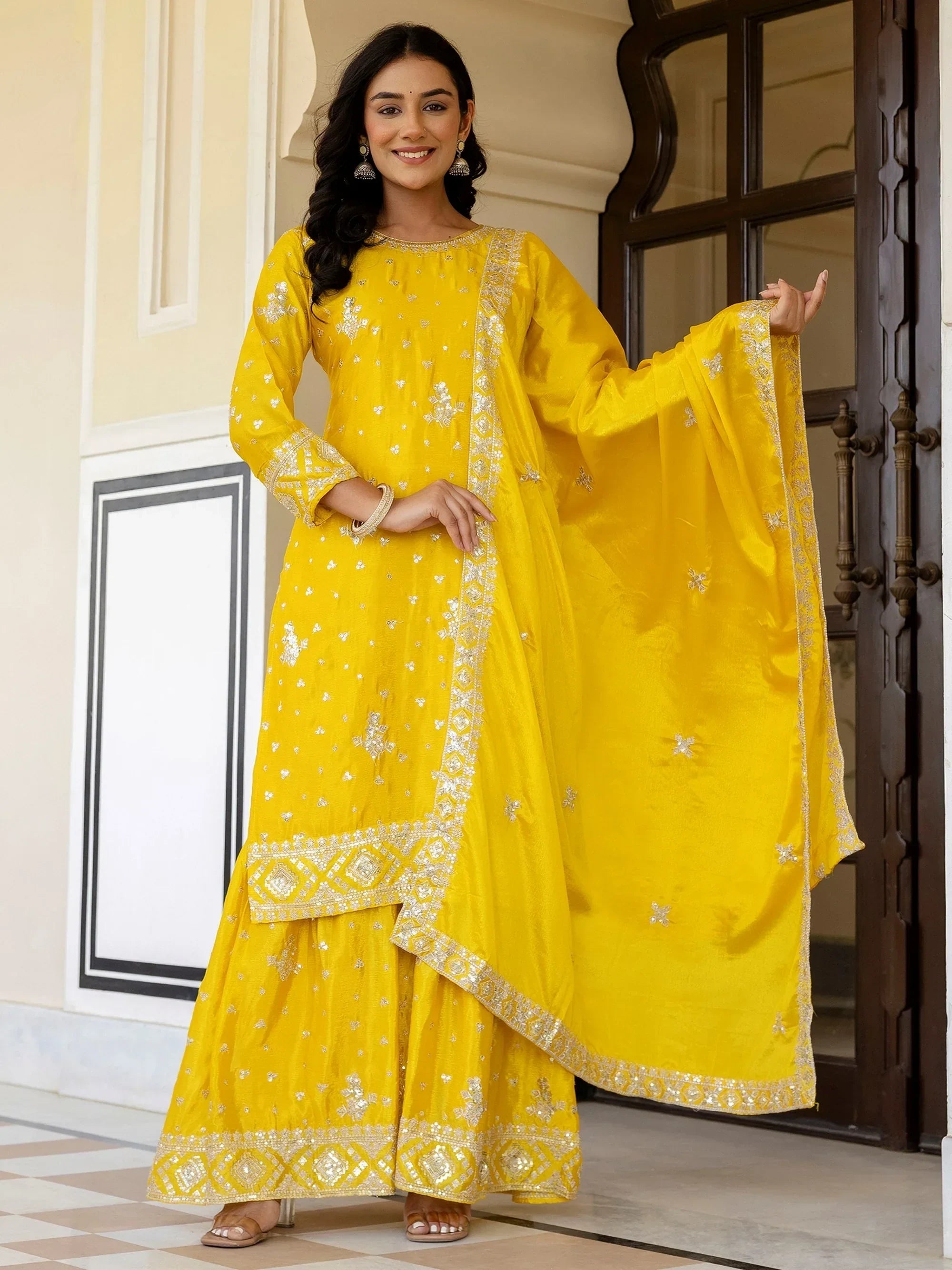 Yellow Graceful Embroidered Chinon Silk Festive Wear Gharara Suit