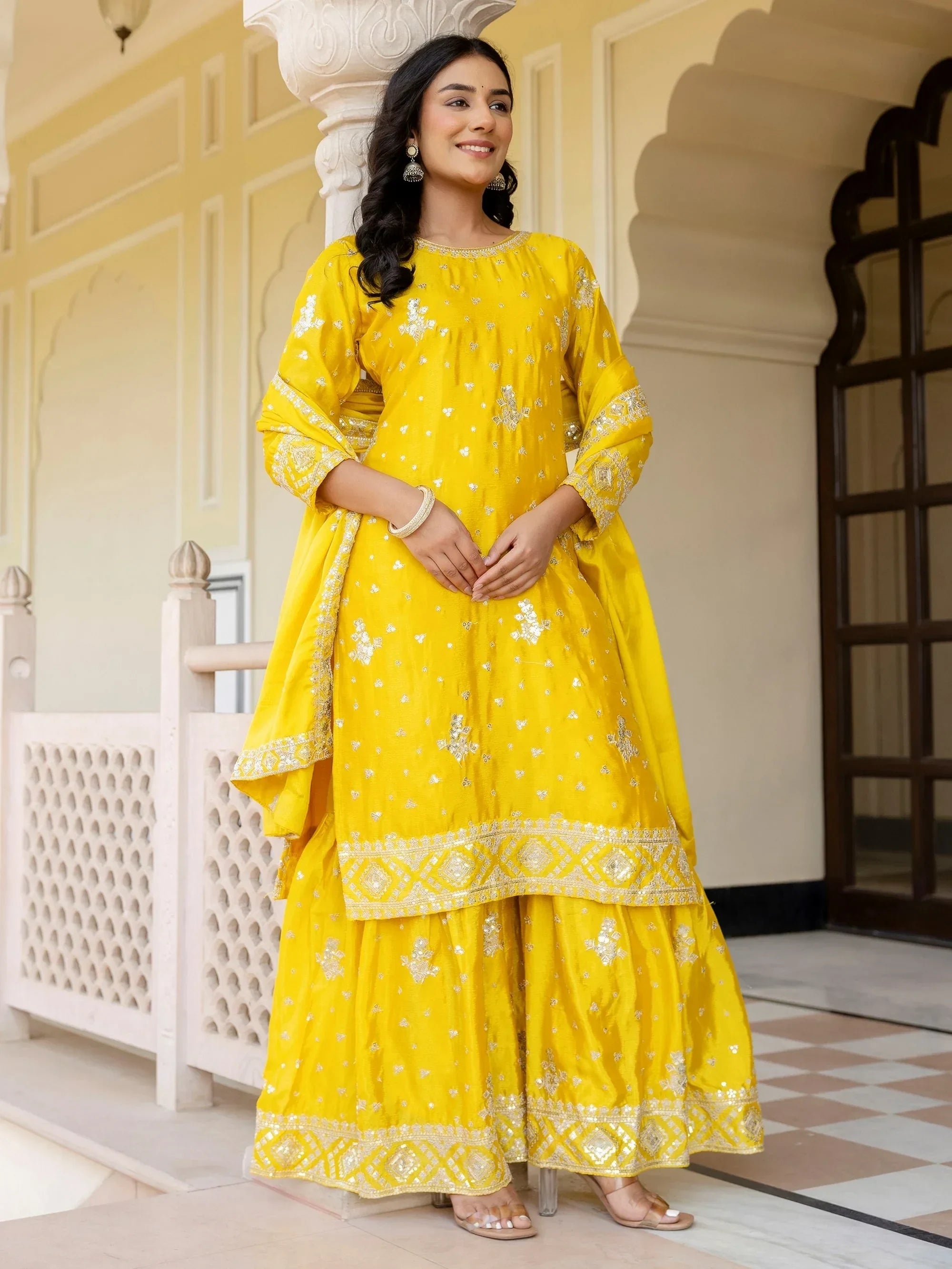 Yellow Graceful Embroidered Chinon Silk Festive Wear Gharara Suit