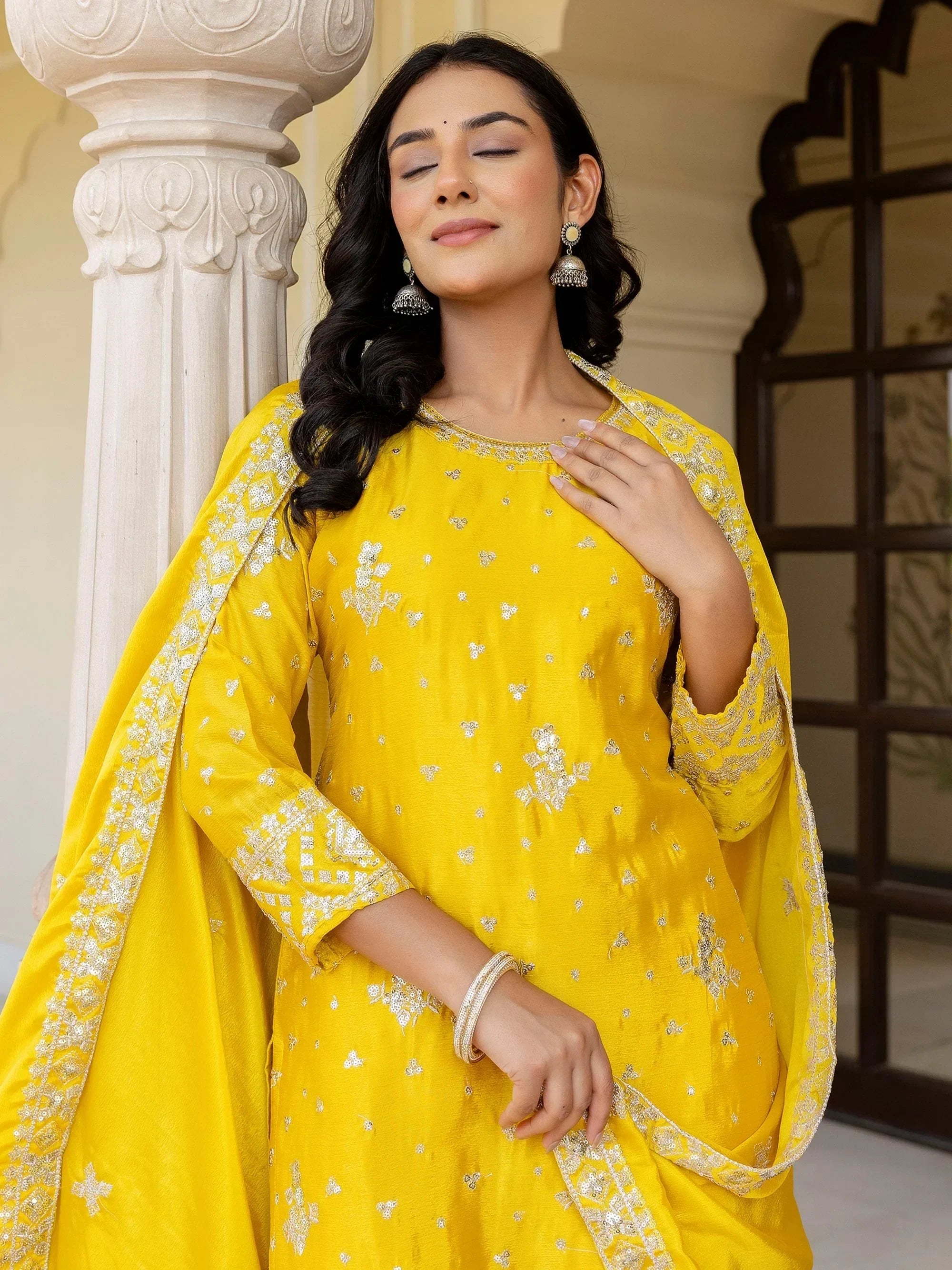 Yellow Graceful Embroidered Chinon Silk Festive Wear Gharara Suit