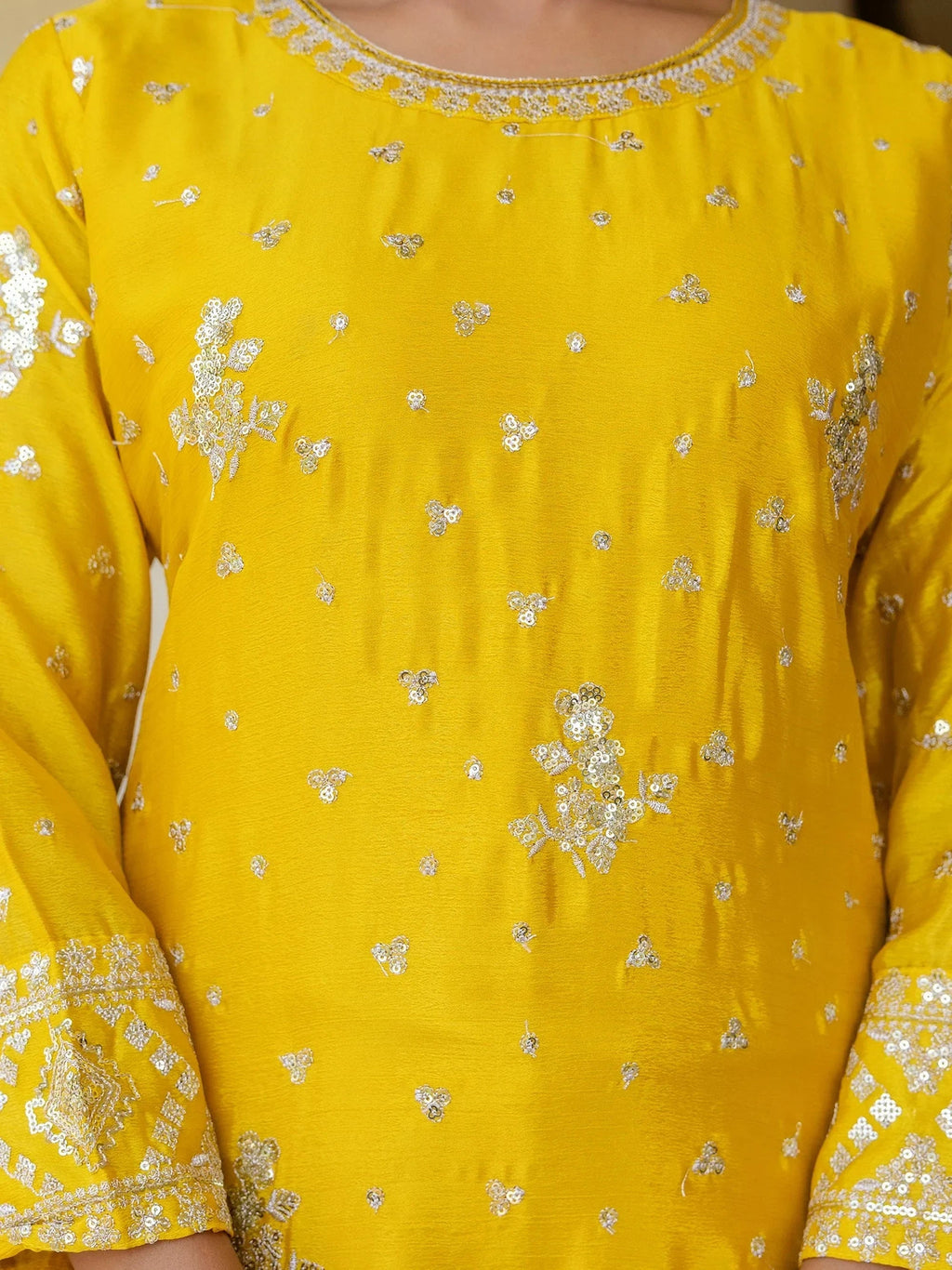 Yellow Graceful Embroidered Chinon Silk Festive Wear Gharara Suit