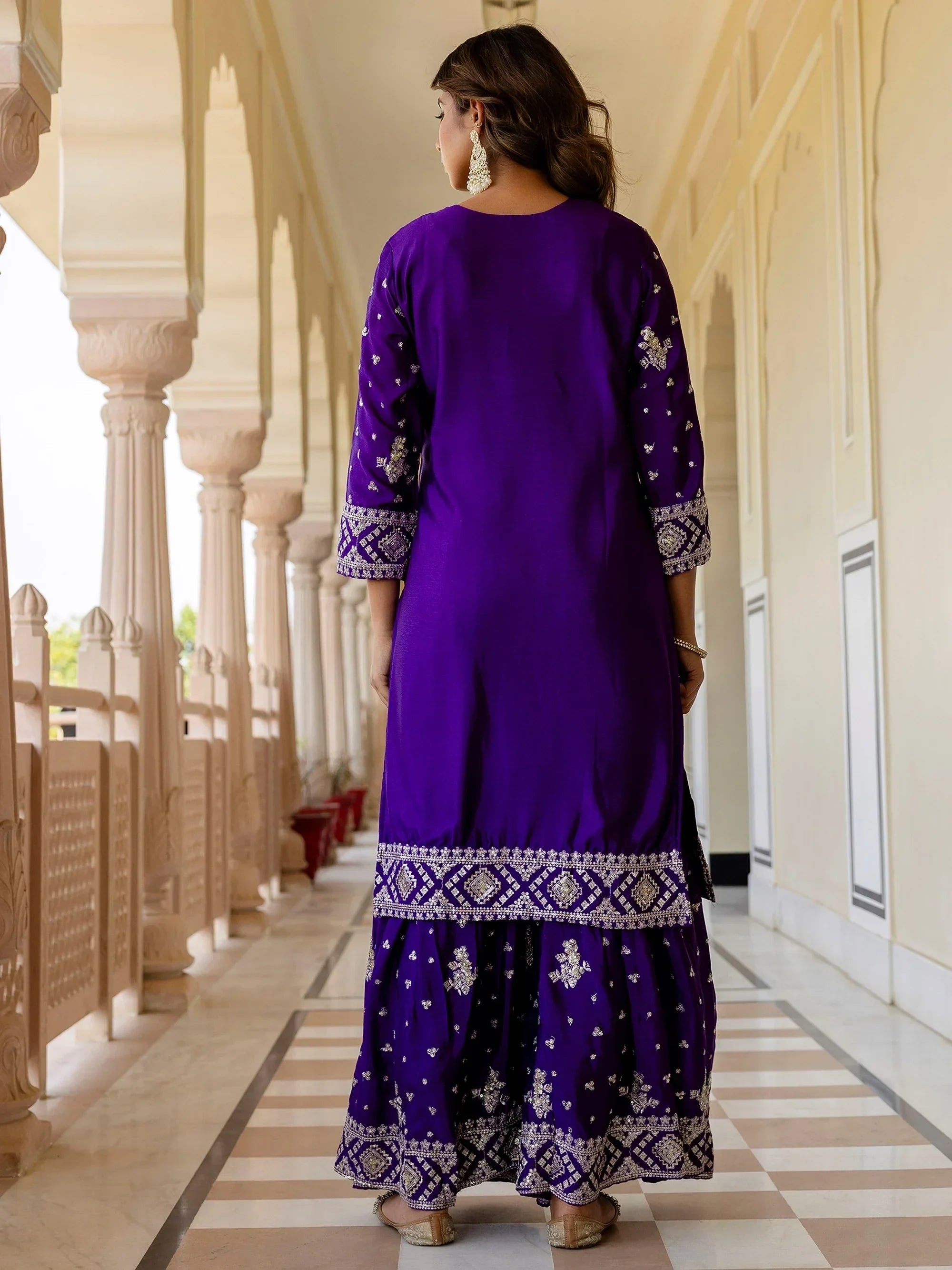 Purple Graceful Embroidered Chinon Silk Festive Wear Gharara Suit