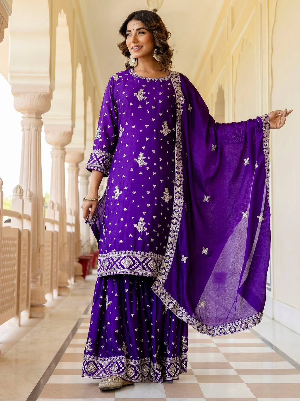 Purple Graceful Embroidered Chinon Silk Festive Wear Gharara Suit
