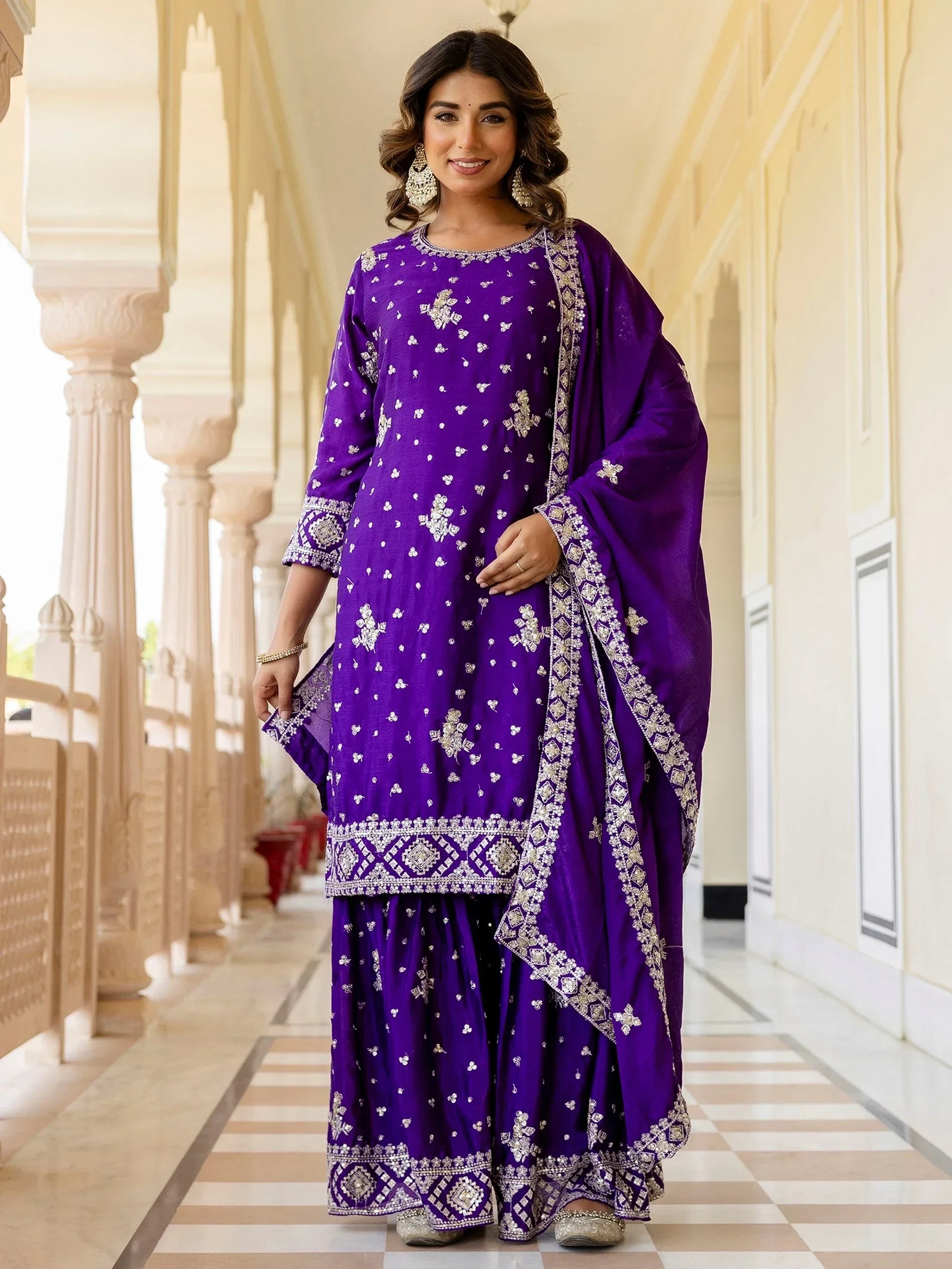 Purple Graceful Embroidered Chinon Silk Festive Wear Gharara Suit
