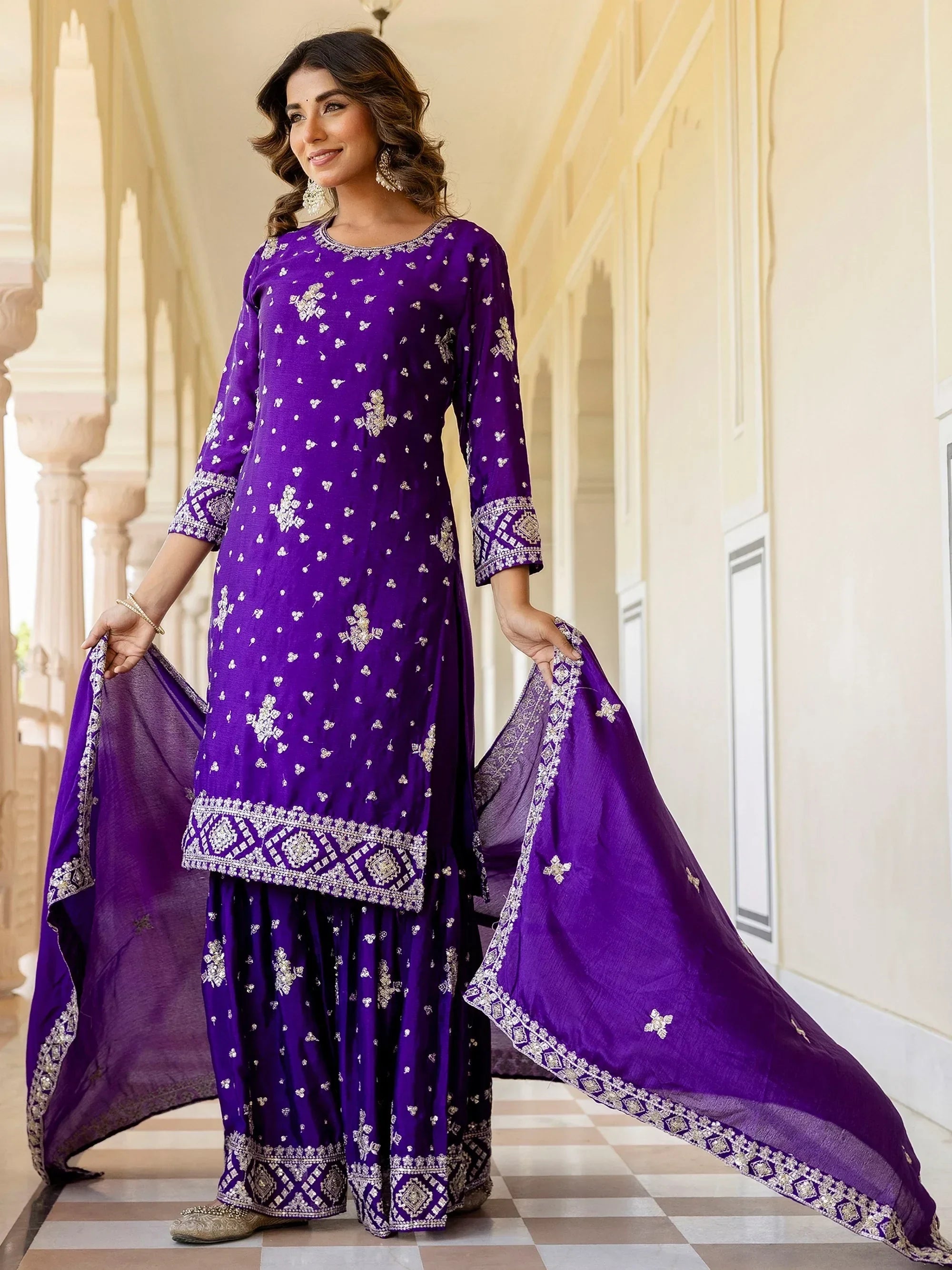 Purple Graceful Embroidered Chinon Silk Festive Wear Gharara Suit