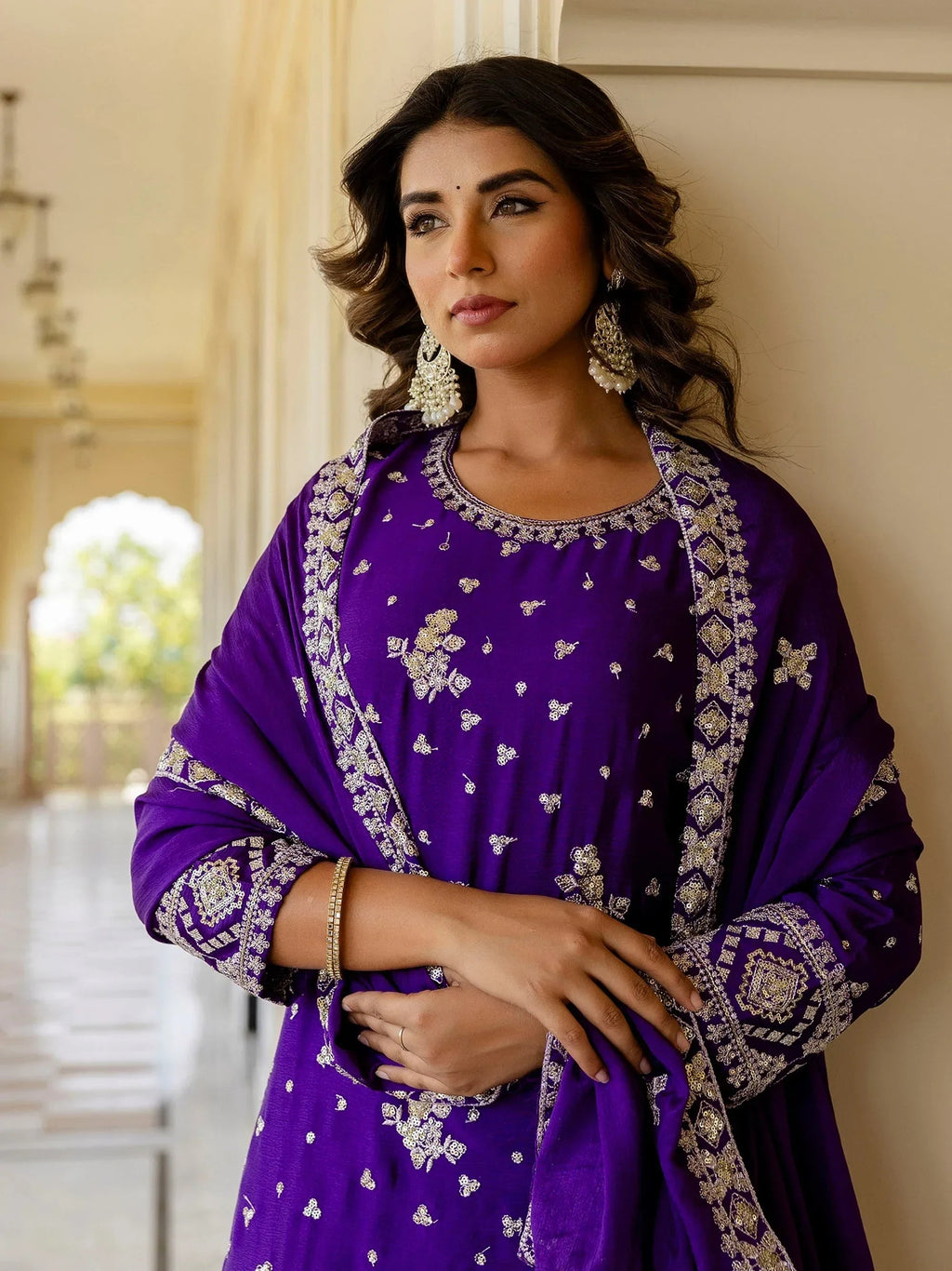 Purple Graceful Embroidered Chinon Silk Festive Wear Gharara Suit
