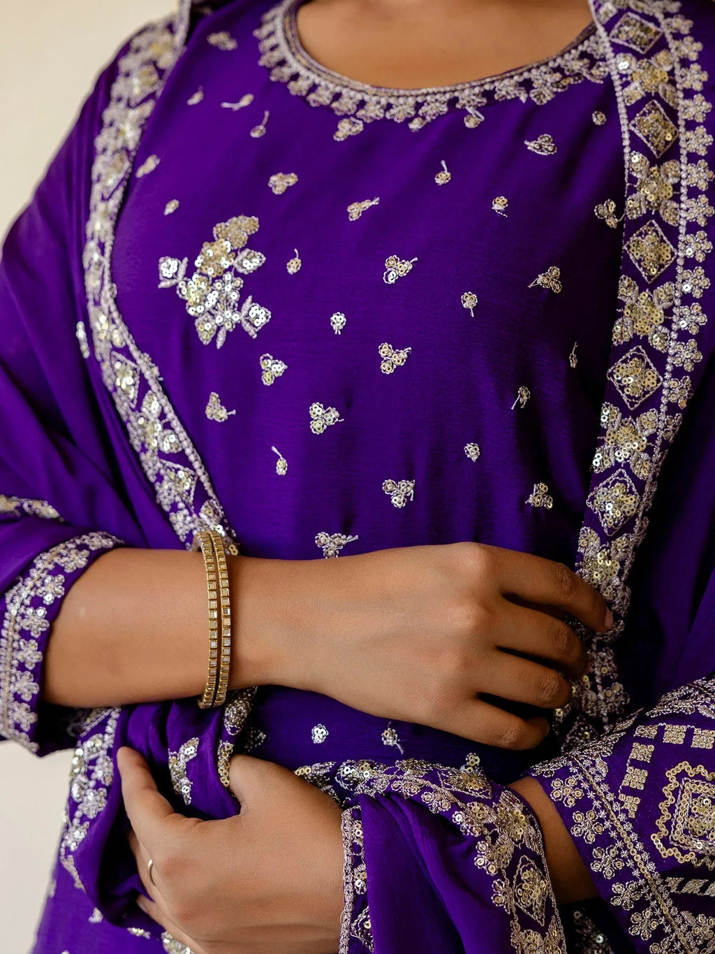 Purple Graceful Embroidered Chinon Silk Festive Wear Gharara Suit