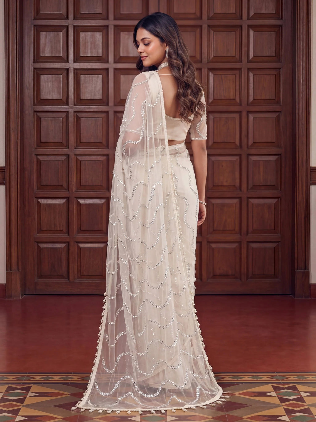 Off White Gorgeous Bead Work Net Engagement Wear Saree With Blouse