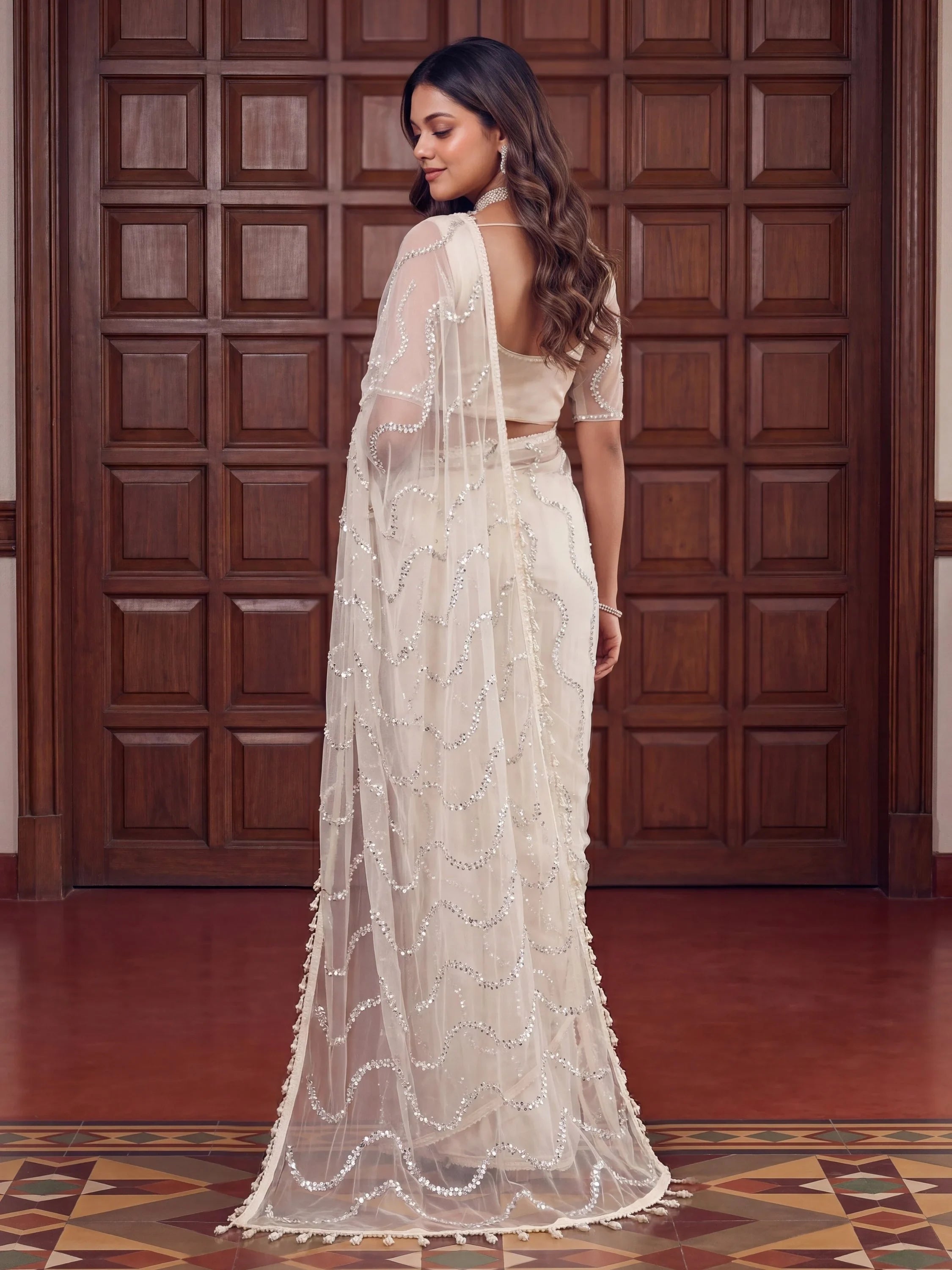 Off White Gorgeous Bead Work Net Engagement Wear Saree With Blouse