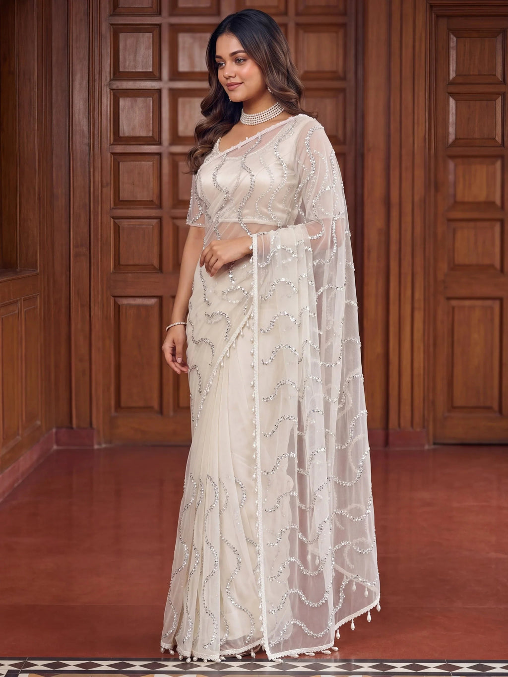 Off White Gorgeous Bead Work Net Engagement Wear Saree With Blouse