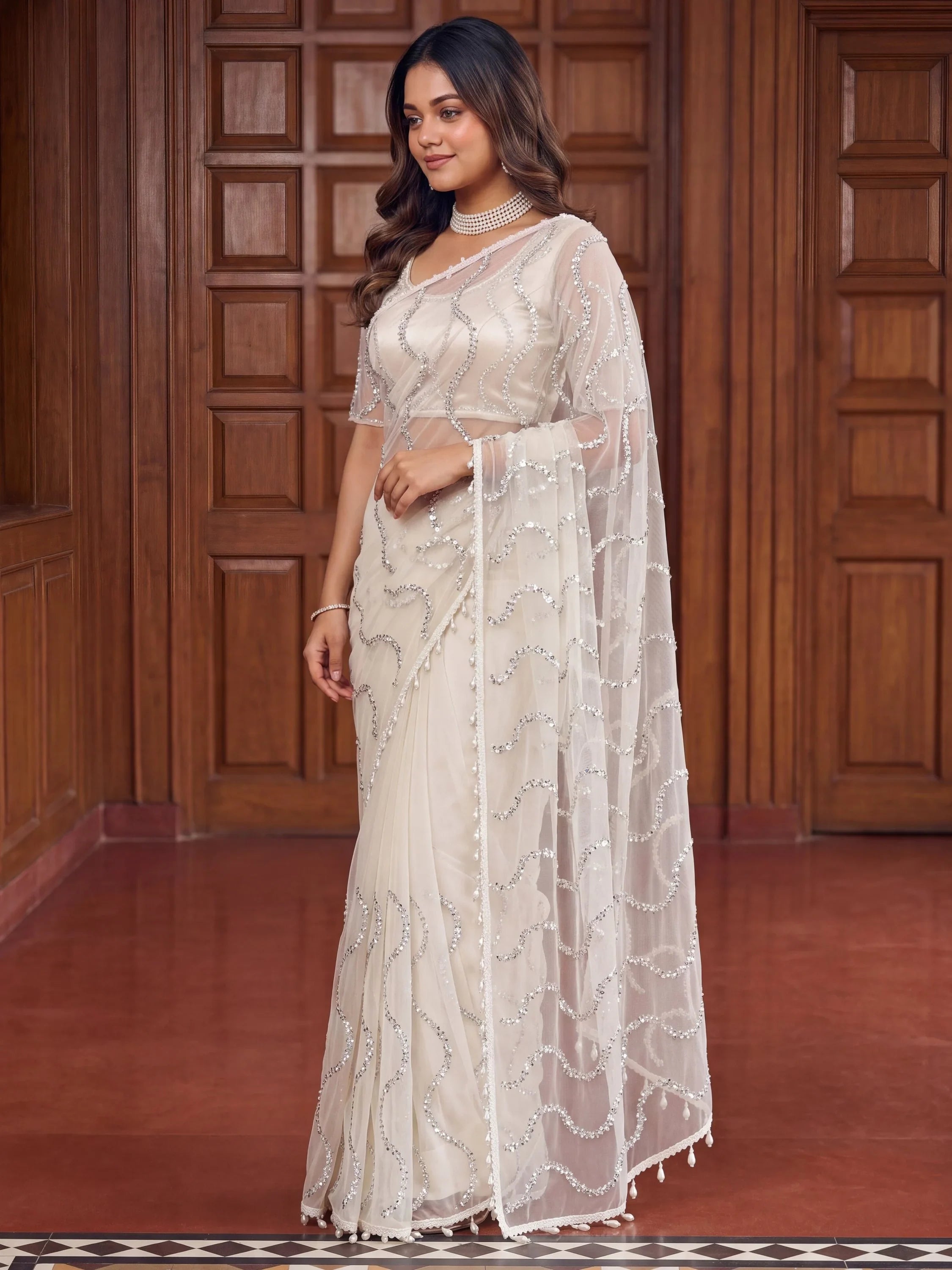 Off White Gorgeous Bead Work Net Engagement Wear Saree With Blouse