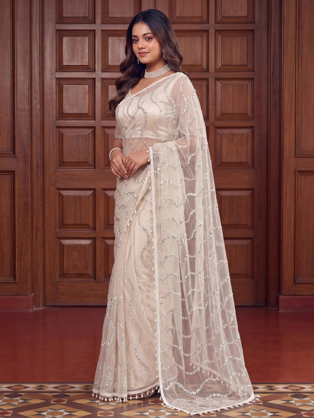 Off White Gorgeous Bead Work Net Engagement Wear Saree With Blouse