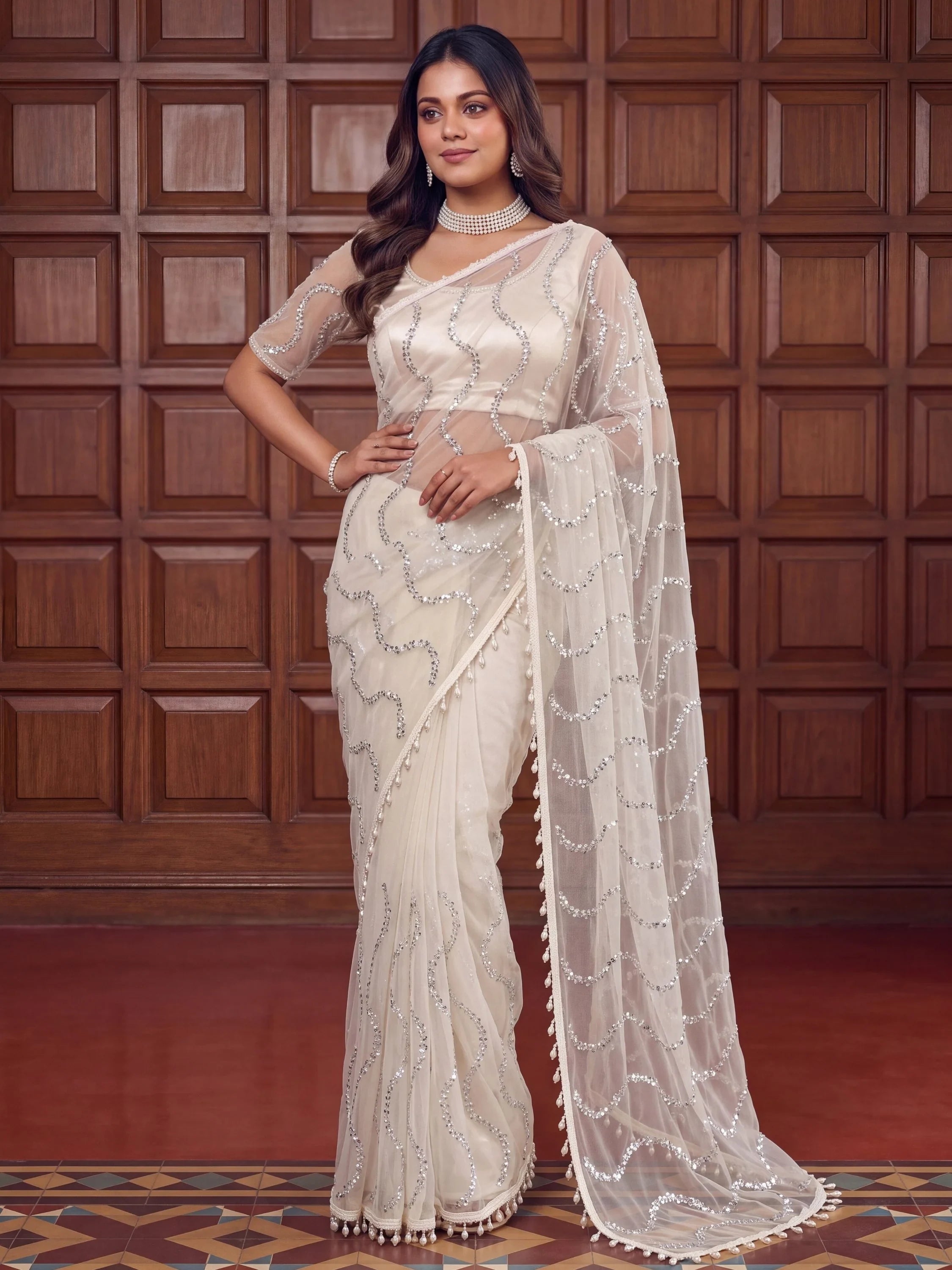 Off White Gorgeous Bead Work Net Engagement Wear Saree With Blouse