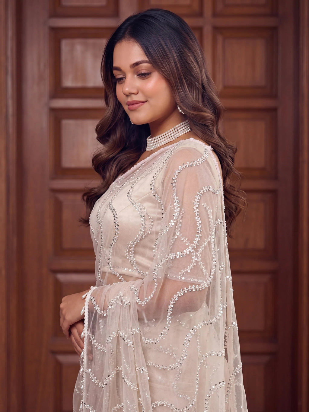 Off White Gorgeous Bead Work Net Engagement Wear Saree With Blouse