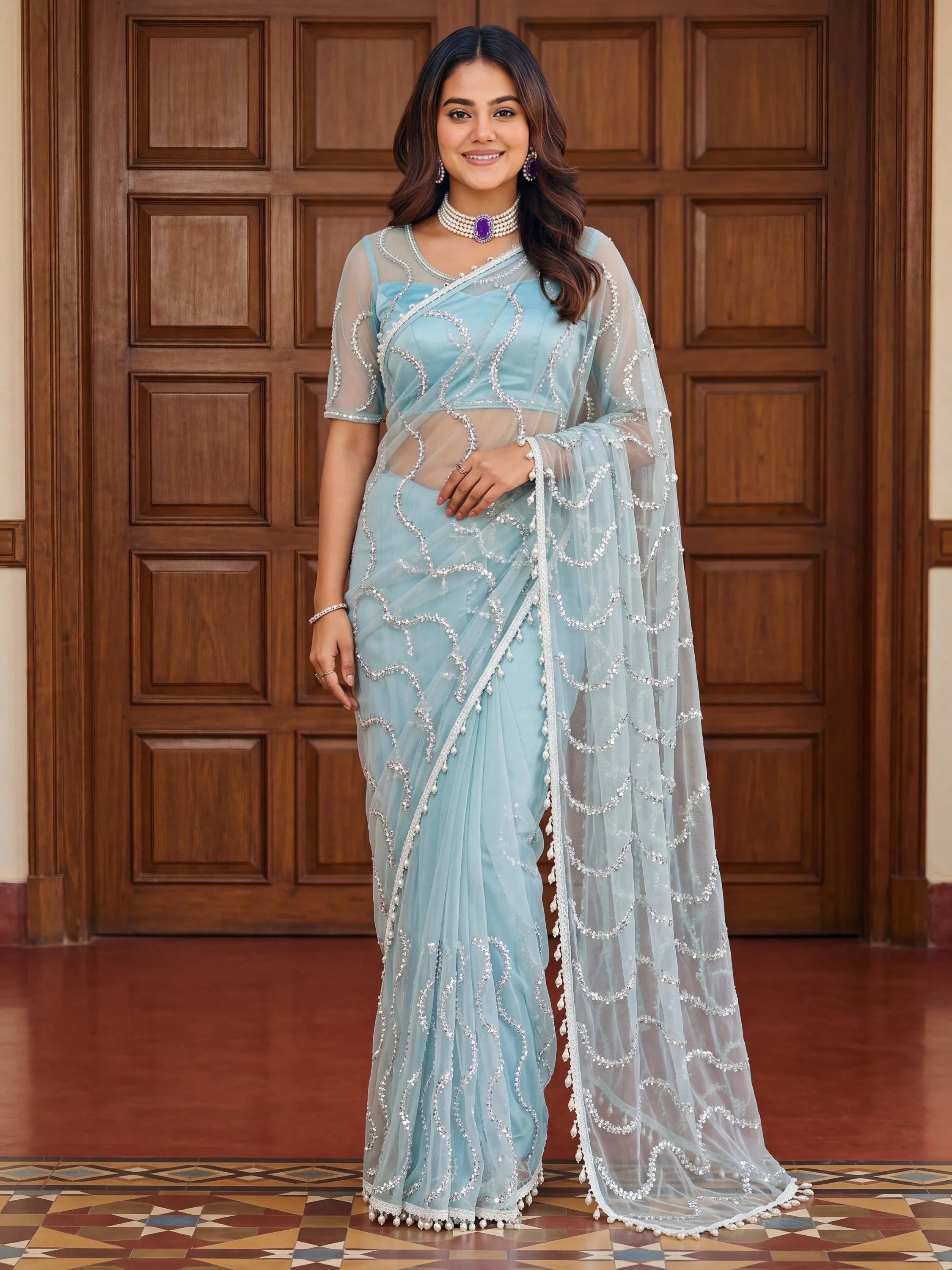 Sky Blue Gorgeous Bead Work Net Engagement Wear Saree With Blouse