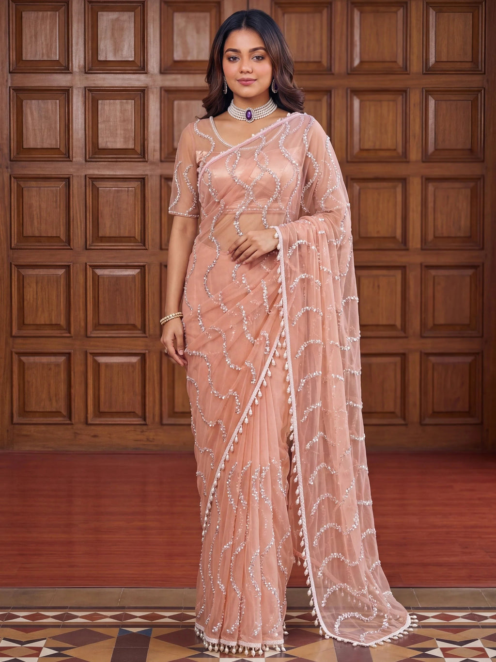 Peach Gorgeous Bead Work Net Engagement Wear Saree With Blouse