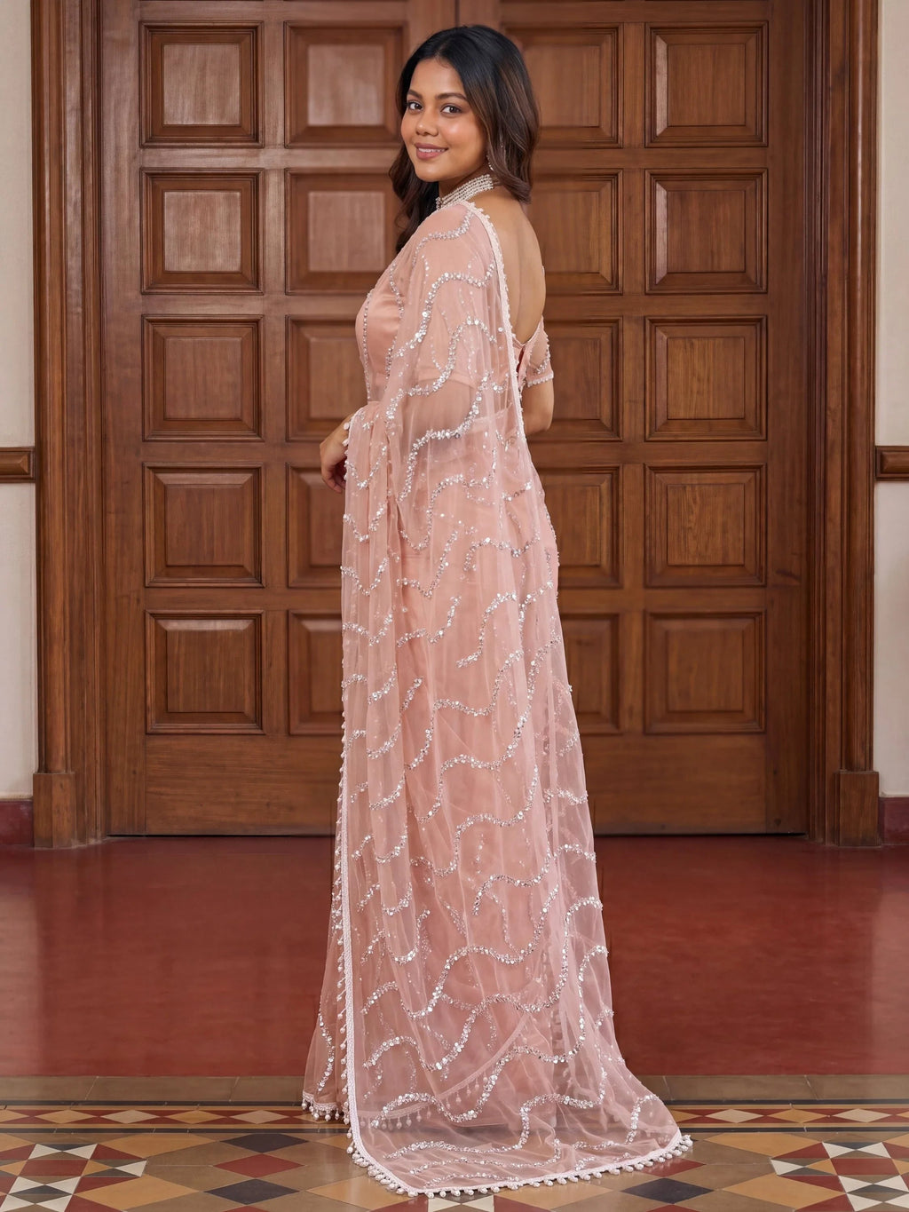 Peach Gorgeous Bead Work Net Engagement Wear Saree With Blouse