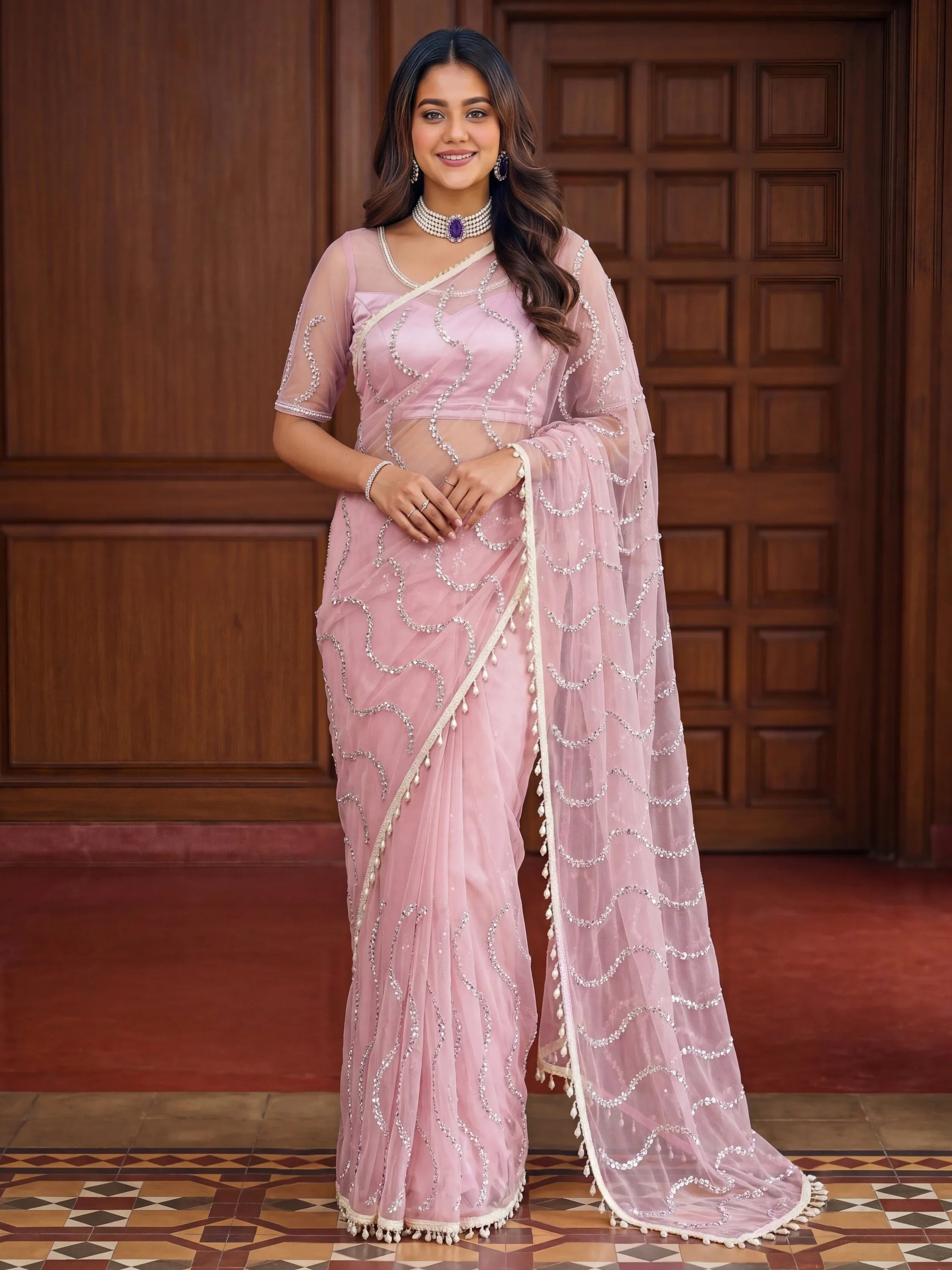 Pink Gorgeous Bead Work Net Engagement Wear Saree With Blouse