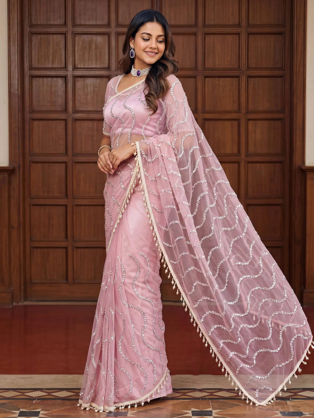 Pink Gorgeous Bead Work Net Engagement Wear Saree With Blouse