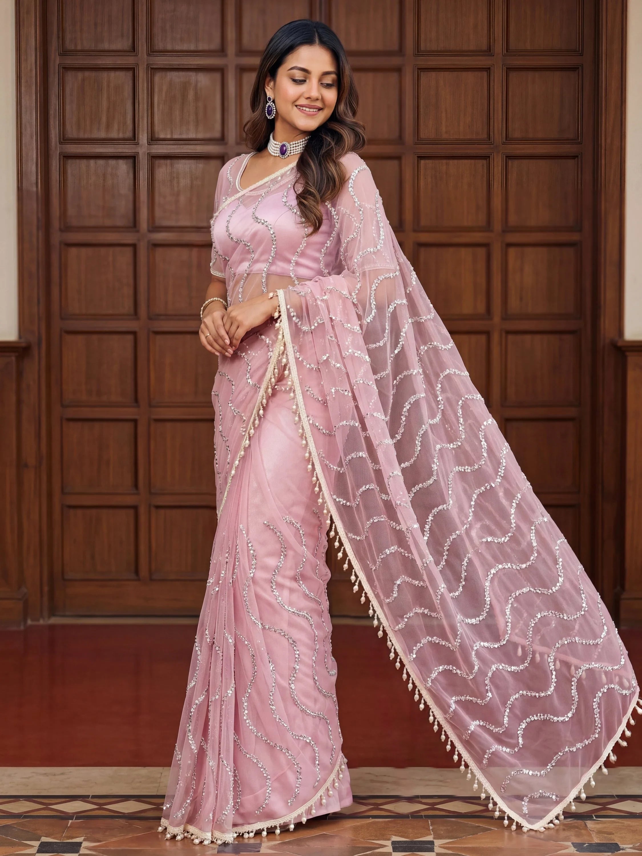 Pink Gorgeous Bead Work Net Engagement Wear Saree With Blouse