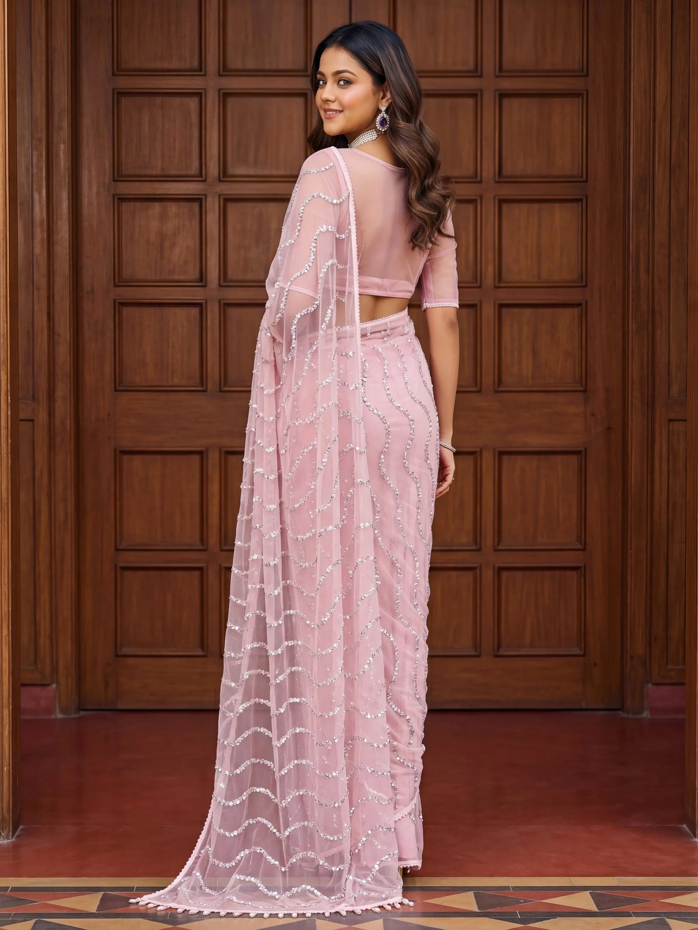 Pink Gorgeous Bead Work Net Engagement Wear Saree With Blouse