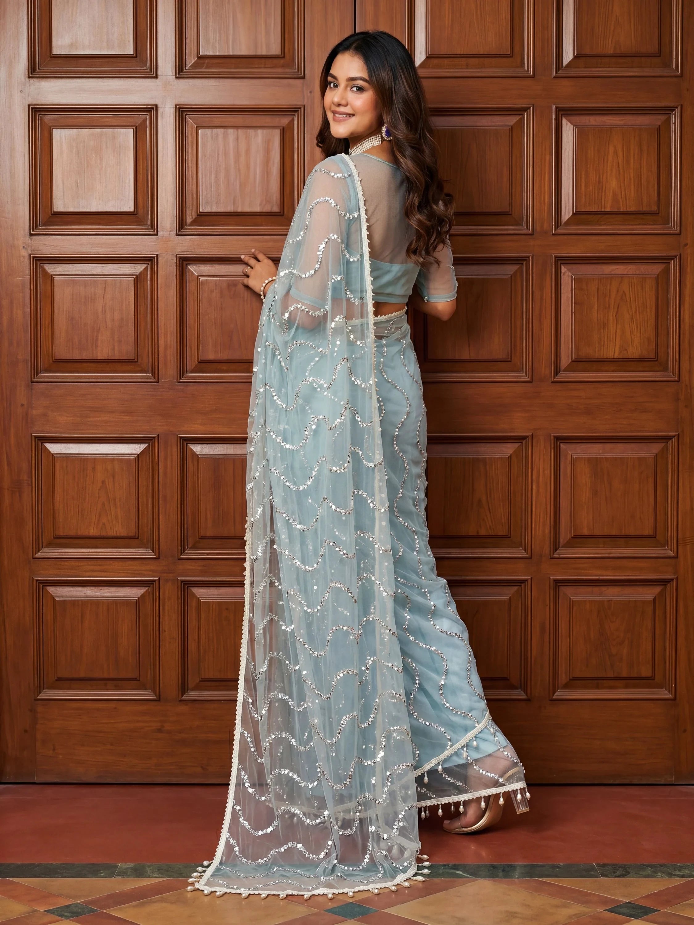 Sky Blue Gorgeous Bead Work Net Engagement Wear Saree With Blouse