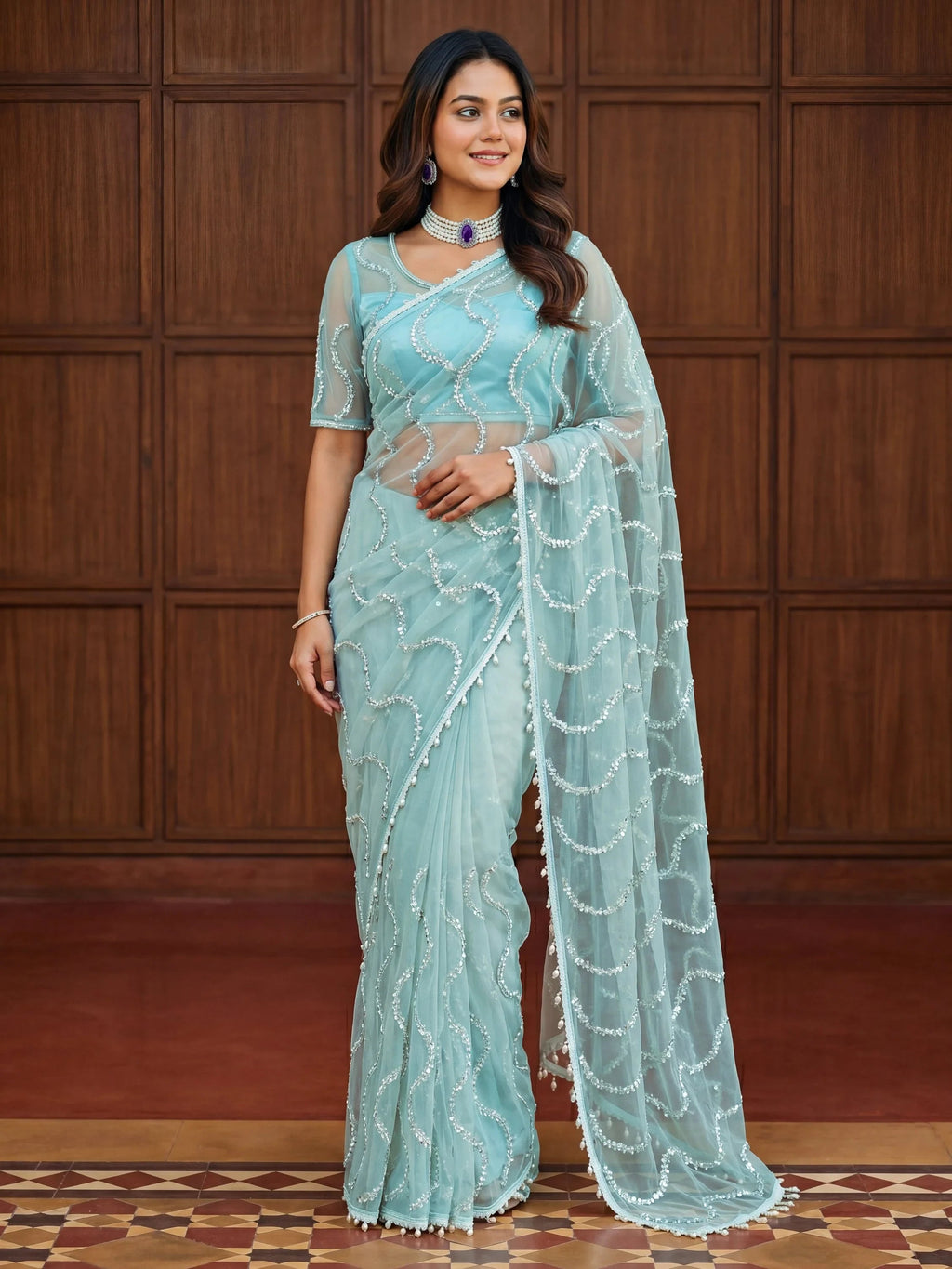 Sky Blue Gorgeous Bead Work Net Engagement Wear Saree With Blouse
