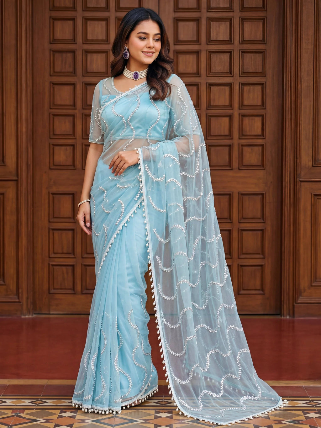 Sky Blue Gorgeous Bead Work Net Engagement Wear Saree With Blouse