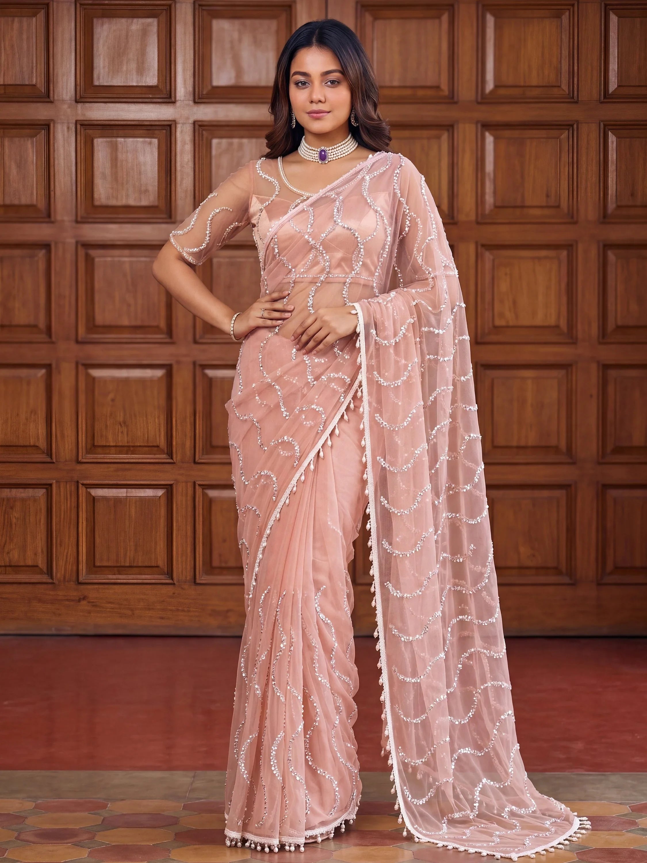 Peach Gorgeous Bead Work Net Engagement Wear Saree With Blouse