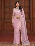 Pink Gorgeous Bead Work Net Engagement Wear Saree With Blouse