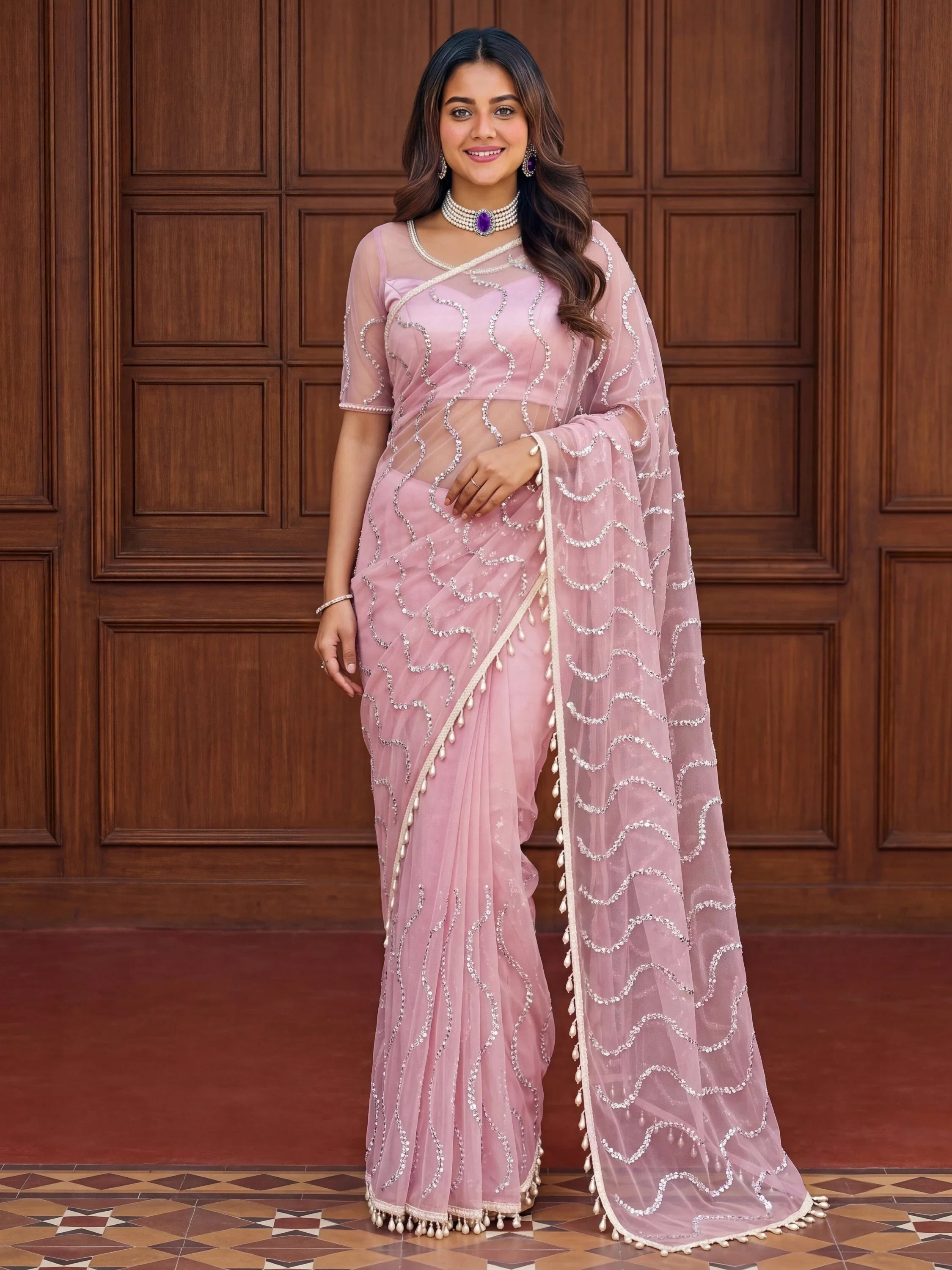 Pink Gorgeous Bead Work Net Engagement Wear Saree With Blouse