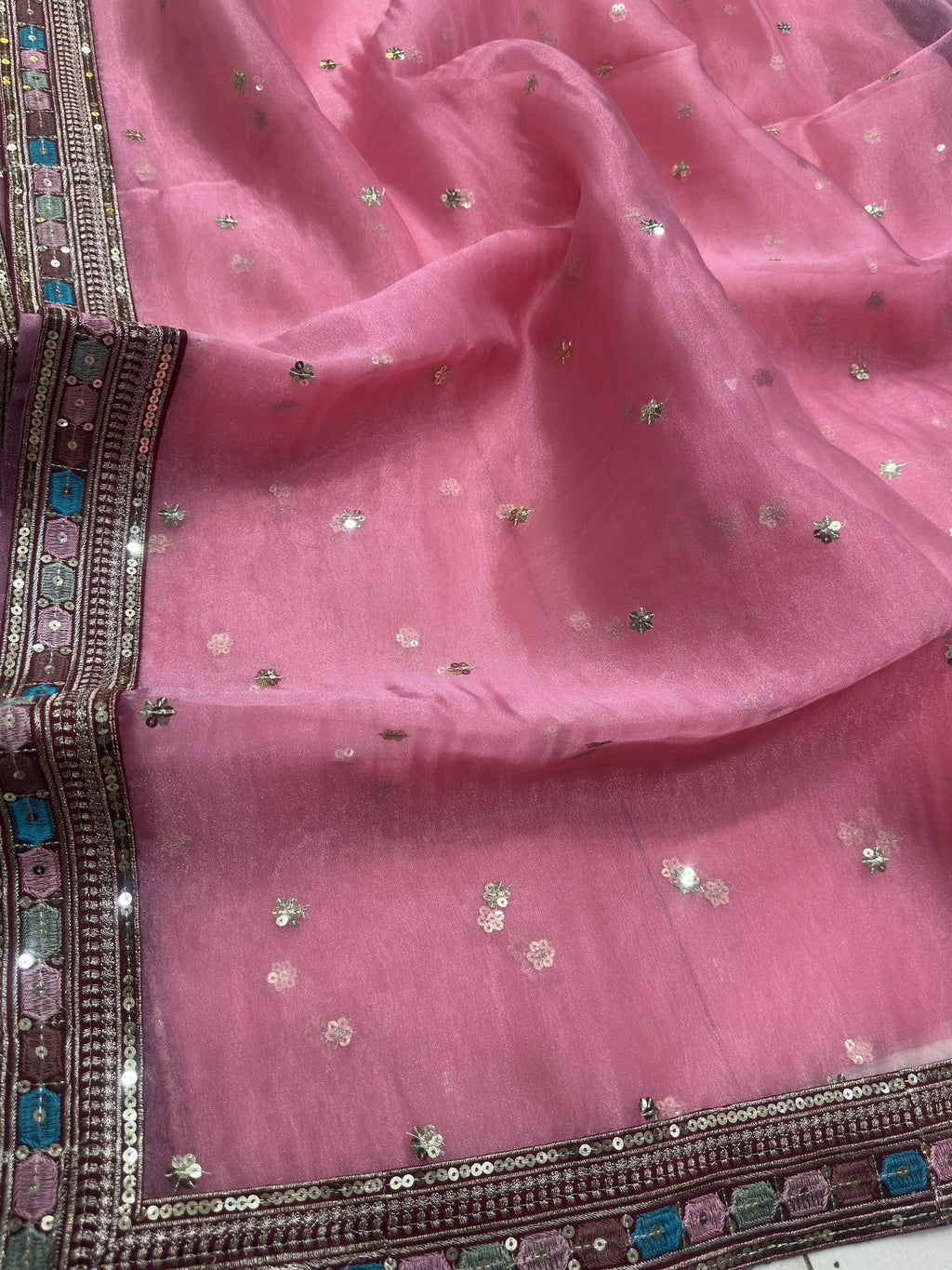Attractive Pink Embroidery Organza Party Wear Saree With Blouse